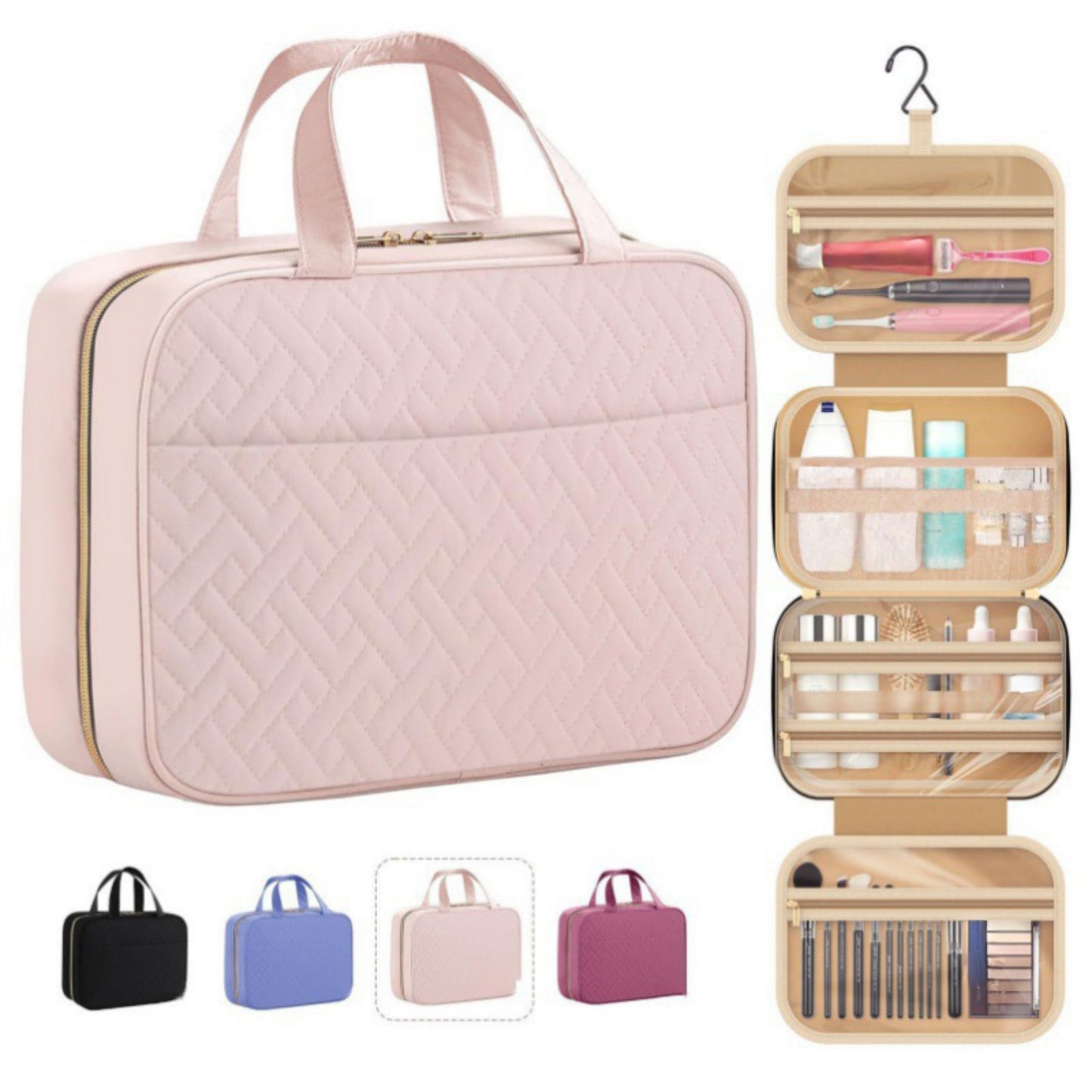 Hanging Toiletry Bag with Multiple Transparent Compartments and Travel Hook