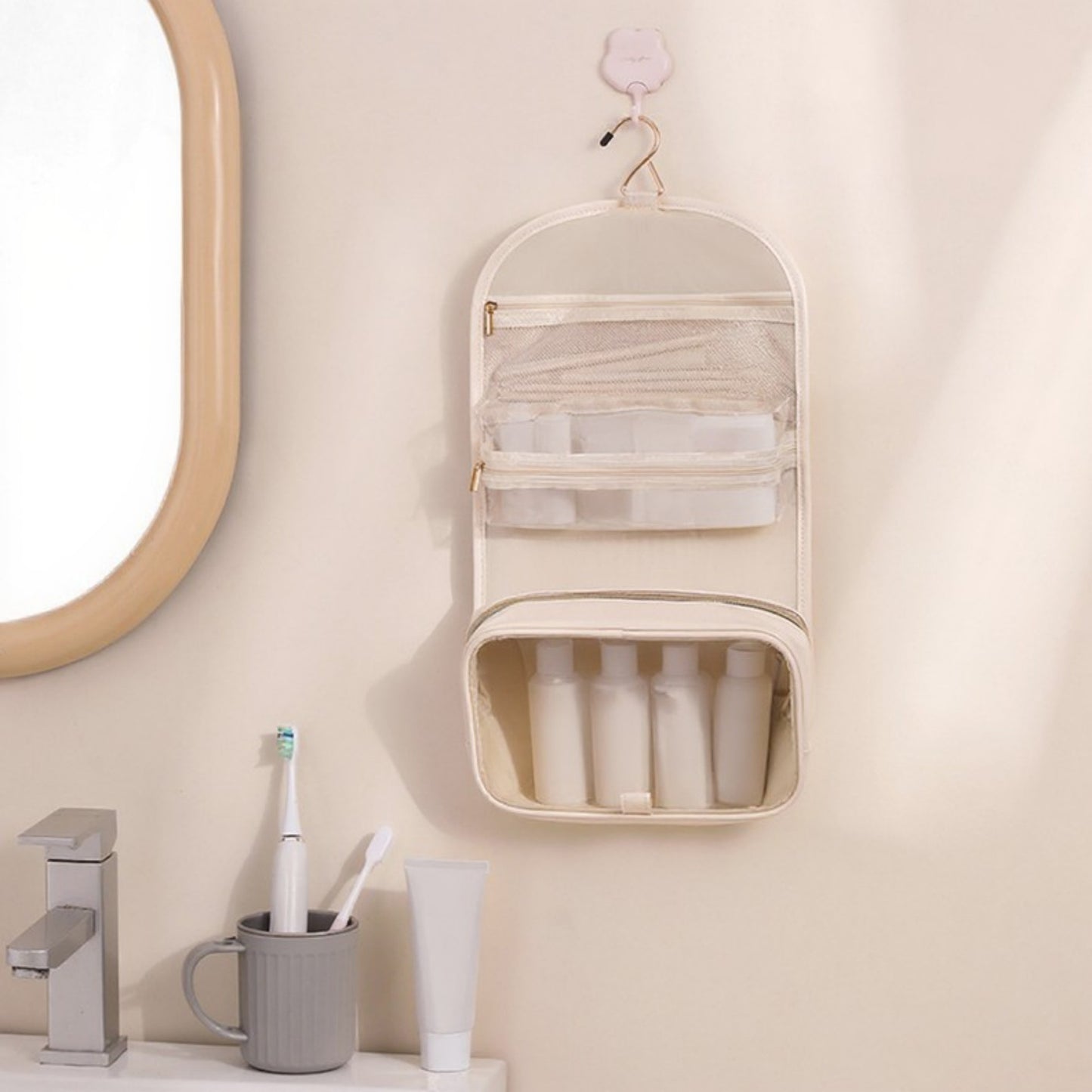 Hanging Toiletry Bag with Multi-Pocket Organizer and Foldable Carry Handle