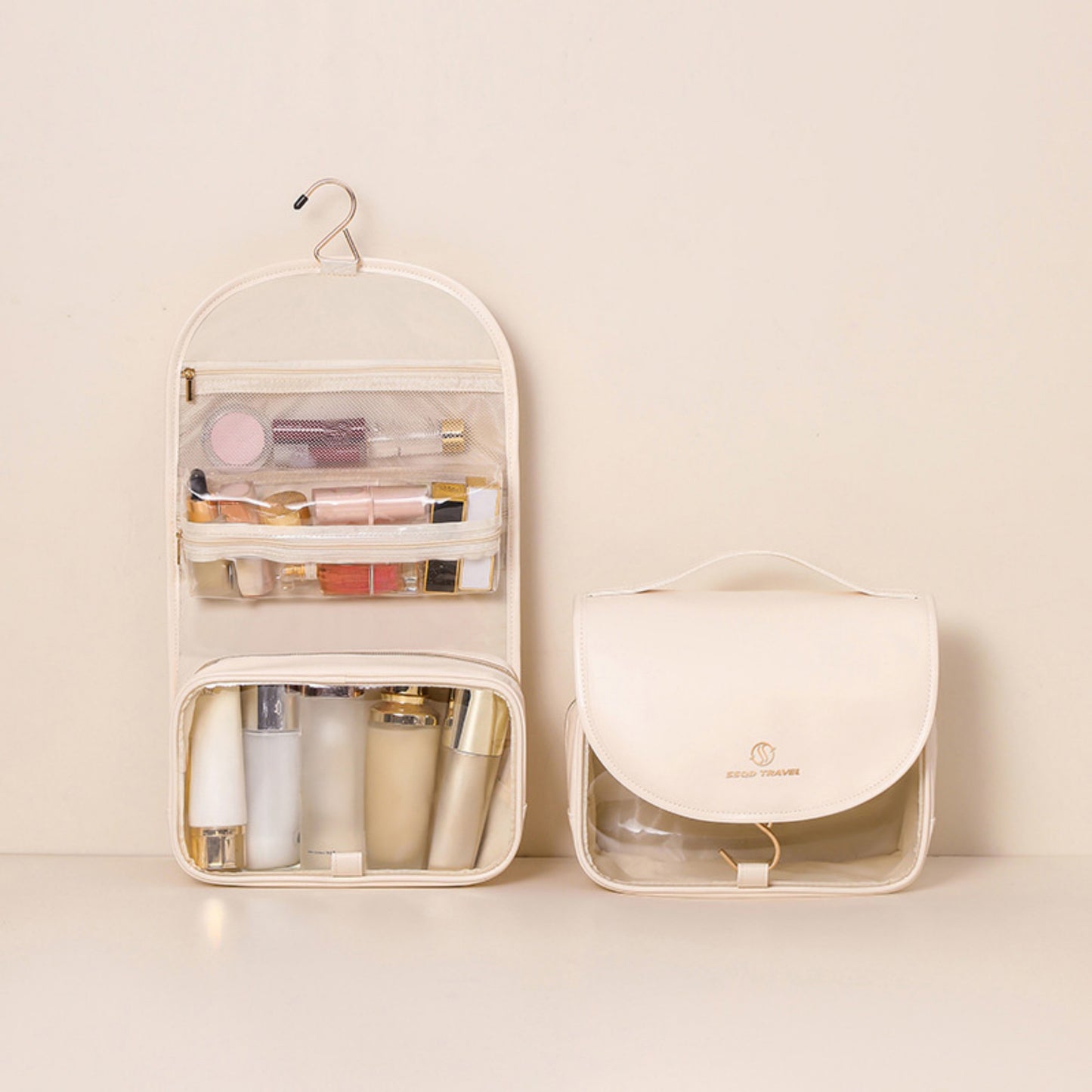 Hanging Toiletry Bag with Multi-Pocket Organizer and Foldable Carry Handle