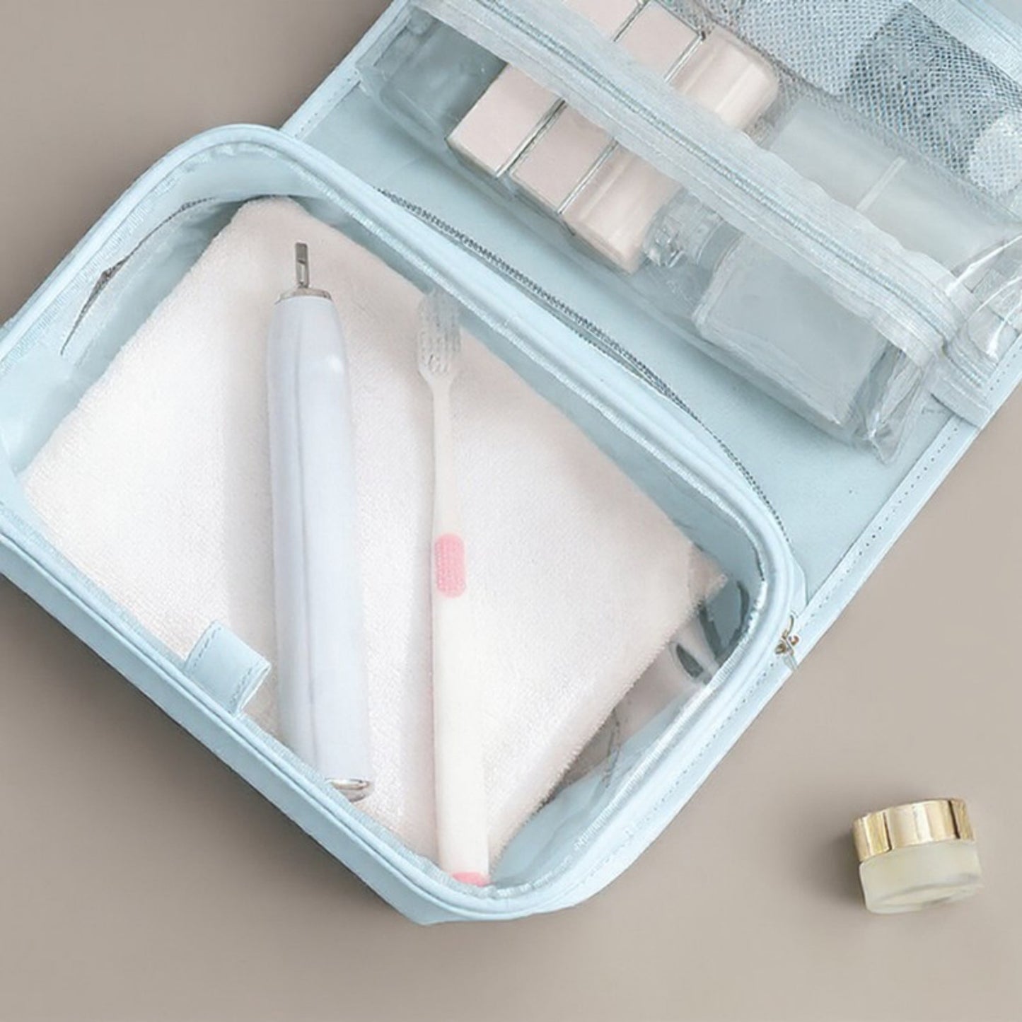 Hanging Toiletry Bag with Multi-Pocket Organizer and Foldable Carry Handle
