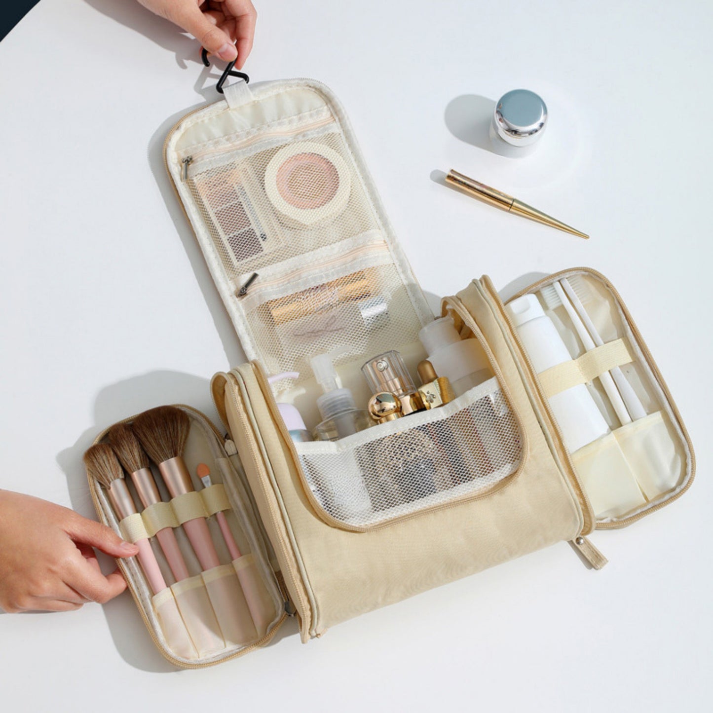 Hanging Travel Toiletry Bag with Multi-Compartment Design and Hook Organizer