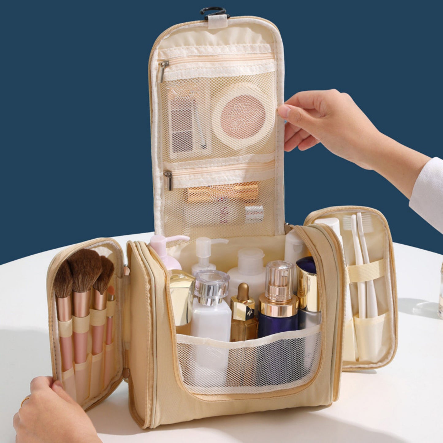 Hanging Travel Toiletry Bag with Multi-Compartment Design and Hook Organizer