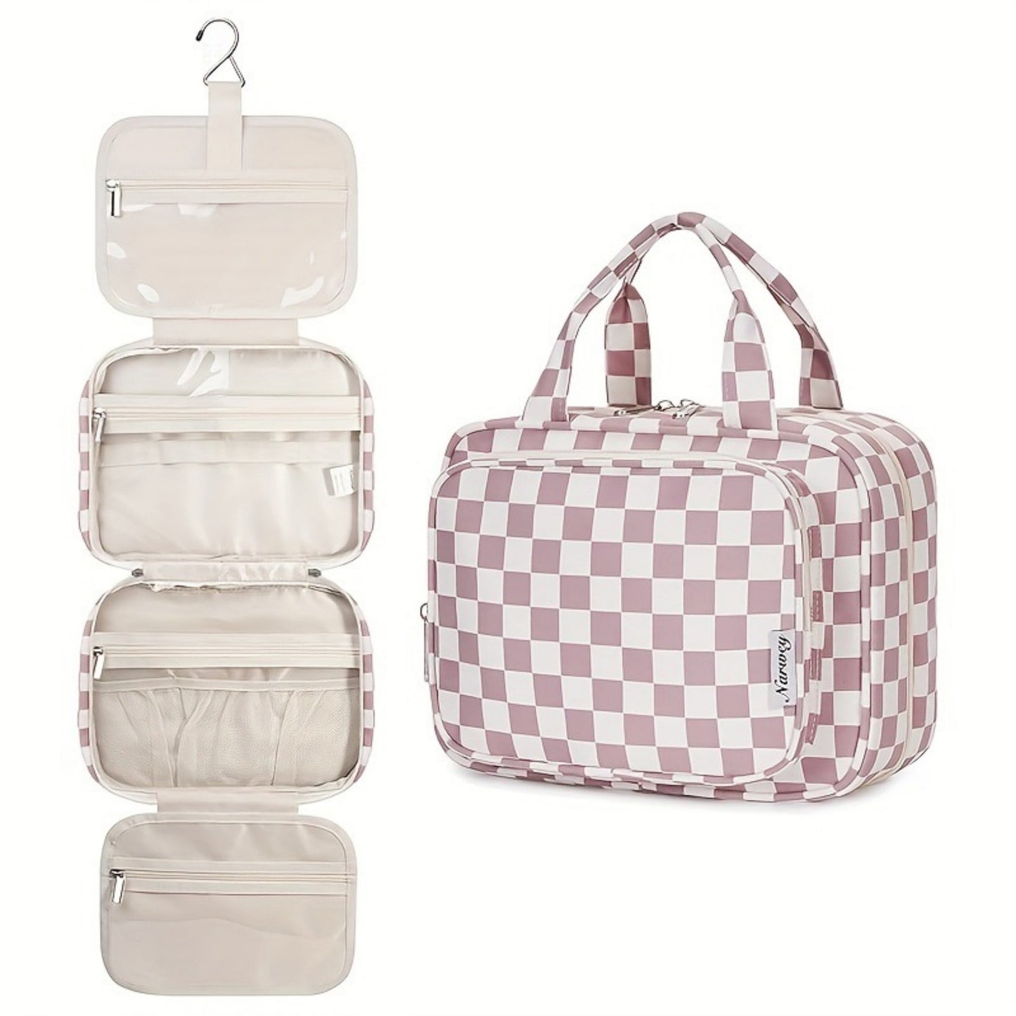 Hanging Toiletry Bag with Checkered Pattern and Multi-Layer Compartment Organizer 10.7x8x5.5in