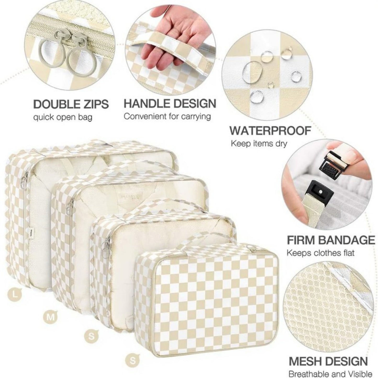 7-Piece Travel Packing Cube Set with Checkered Pattern and Multi-Size Organizers 16x12.5x3.5in