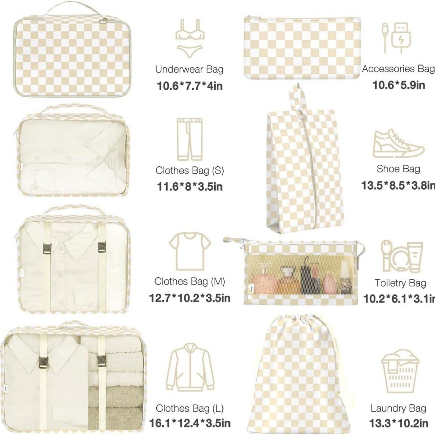 7-Piece Travel Packing Cube Set with Checkered Pattern and Multi-Size Organizers 16x12.5x3.5in