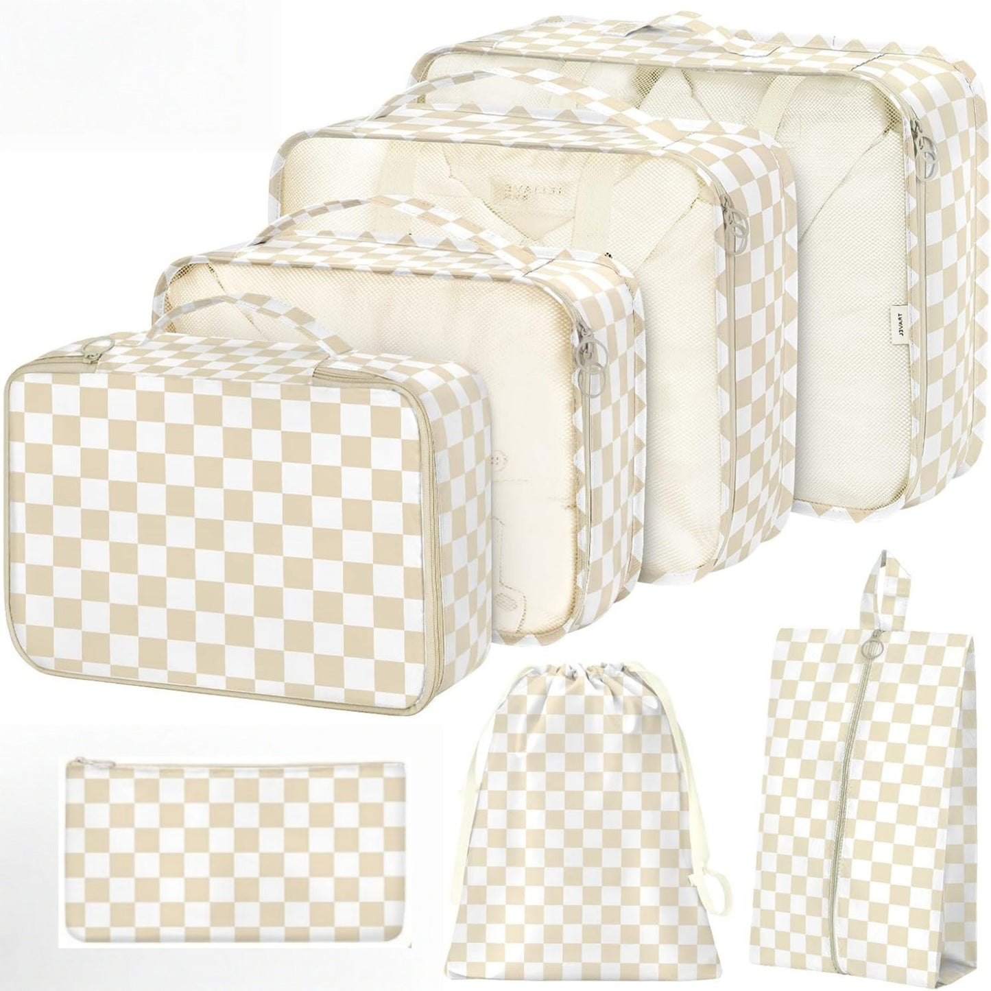 7-Piece Travel Packing Cube Set with Checkered Pattern and Multi-Size Organizers 16x12.5x3.5in