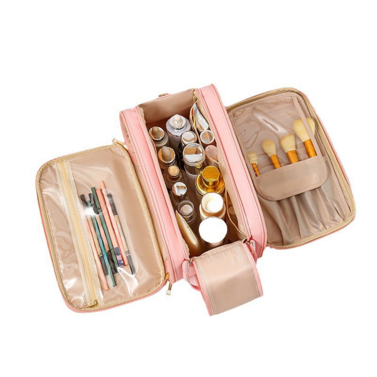 Multi-Compartment Travel Makeup Bag with Brush Holder and Transparent Pockets