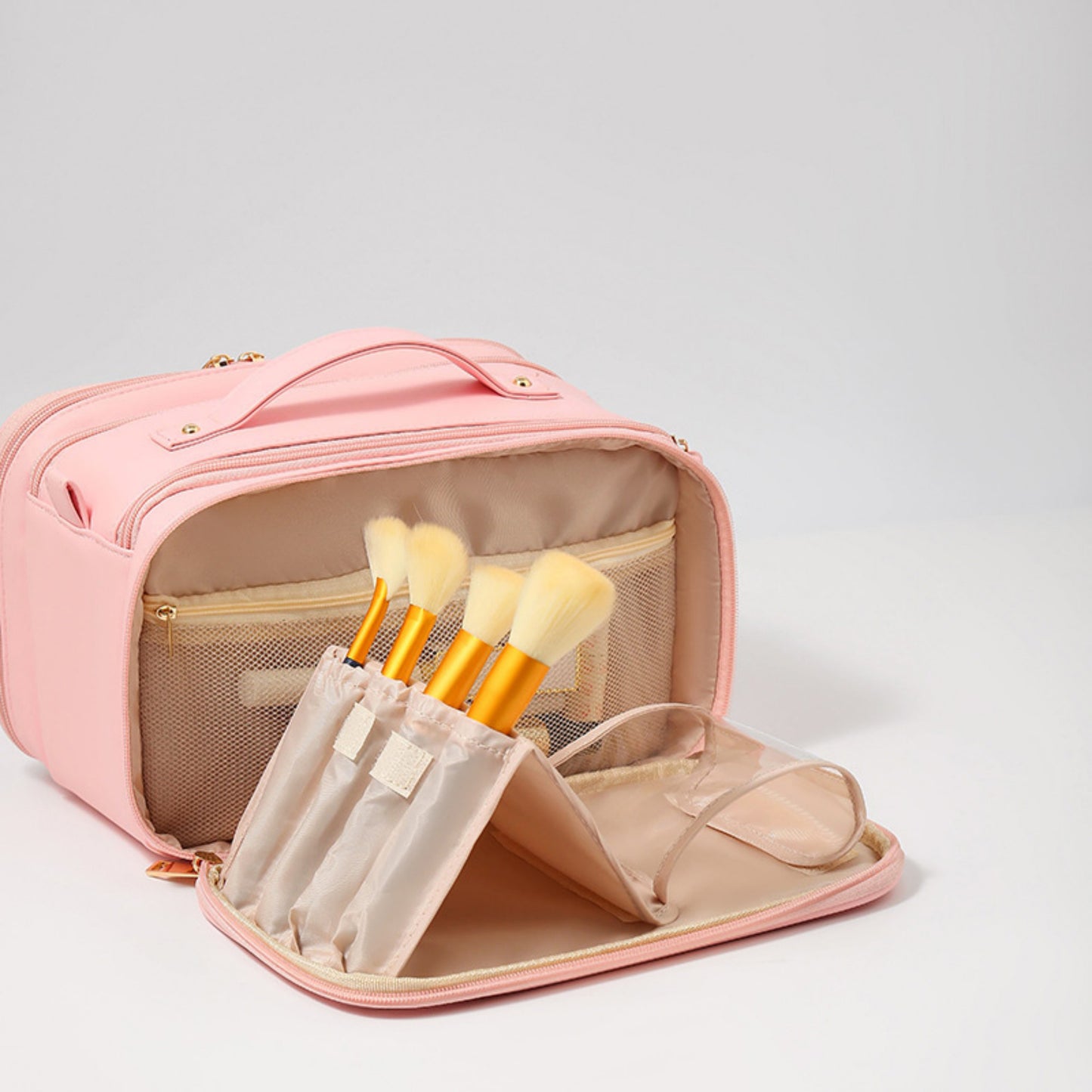 Multi-Compartment Travel Makeup Bag with Brush Holder and Transparent Pockets