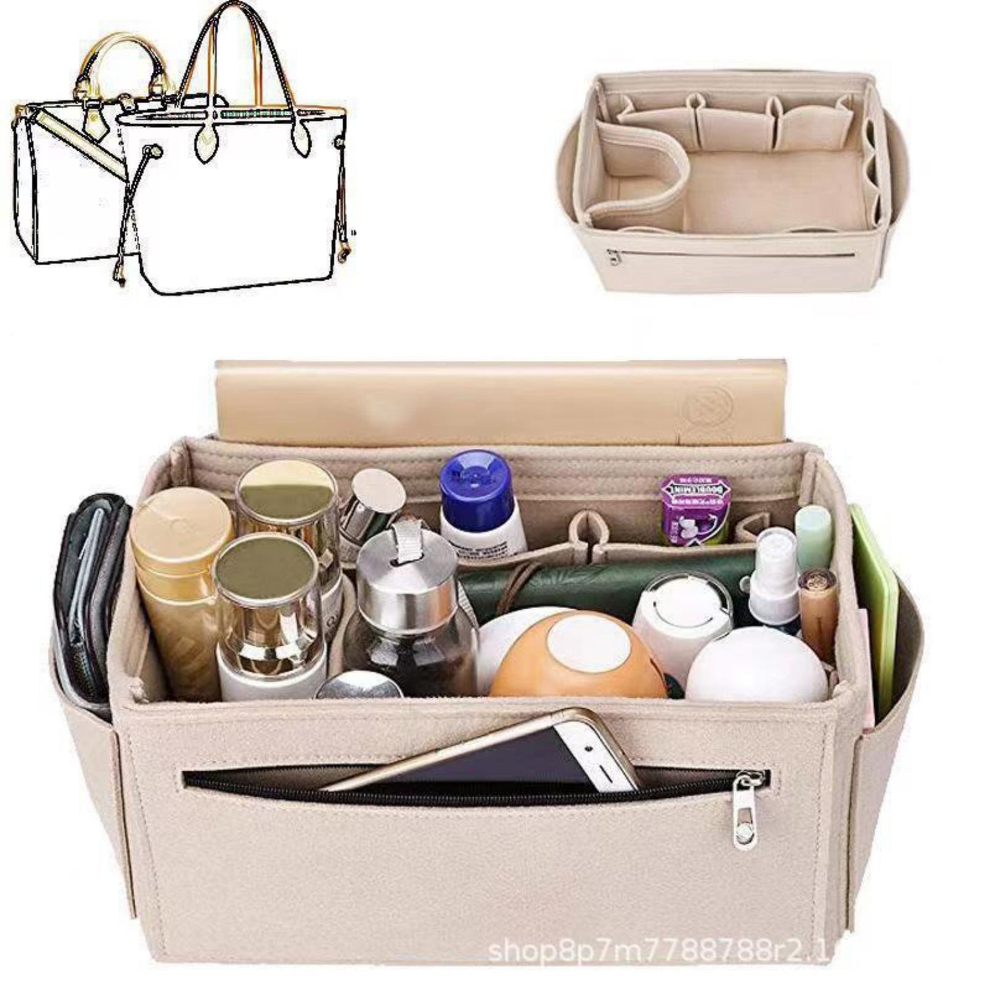 Felt Purse Organizer Insert with Multiple Pockets and Zipper Compartment