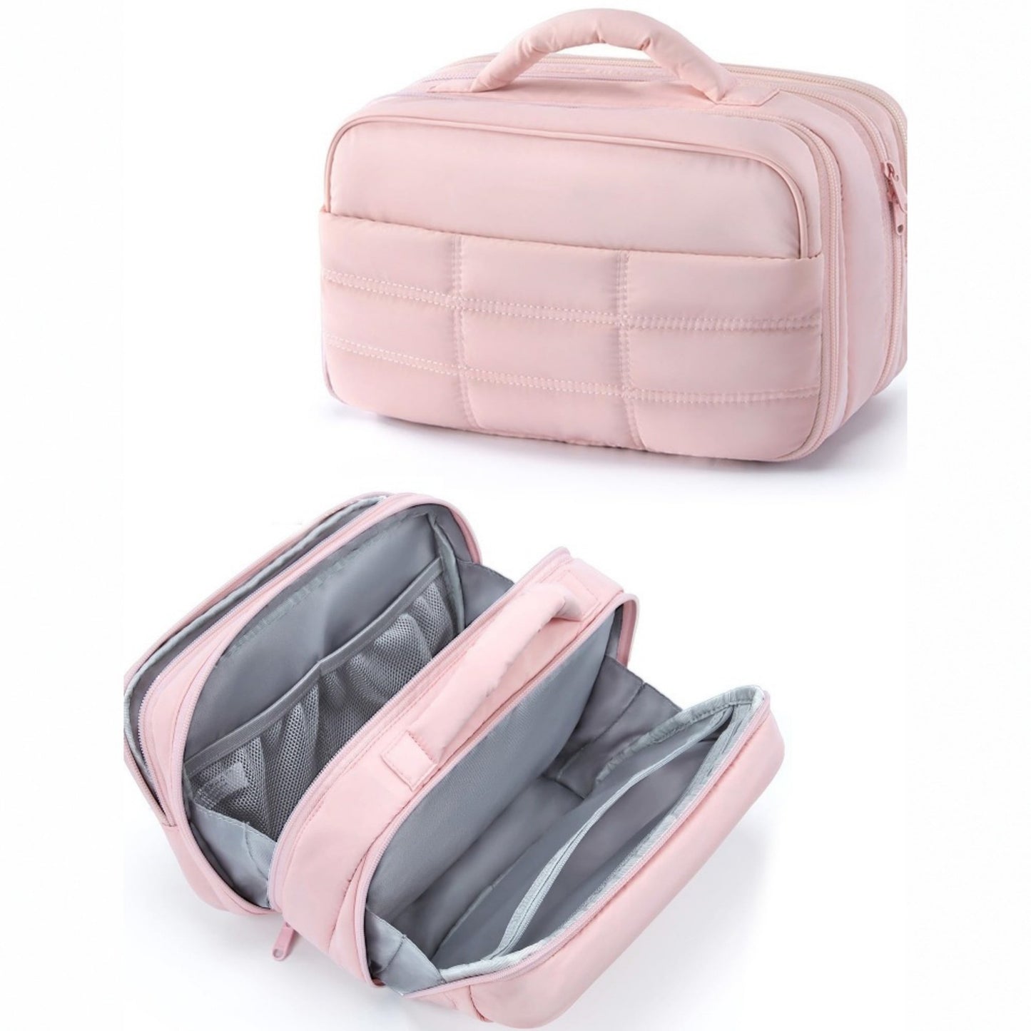 Double-Layer Travel Makeup and Toiletry Bag with Quilted Design and Carry Handle