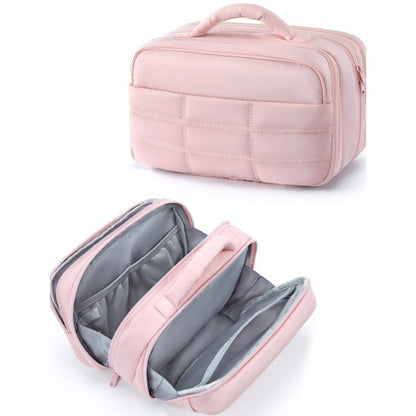 Double-Layer Travel Makeup and Toiletry Bag with Quilted Design and Carry Handle