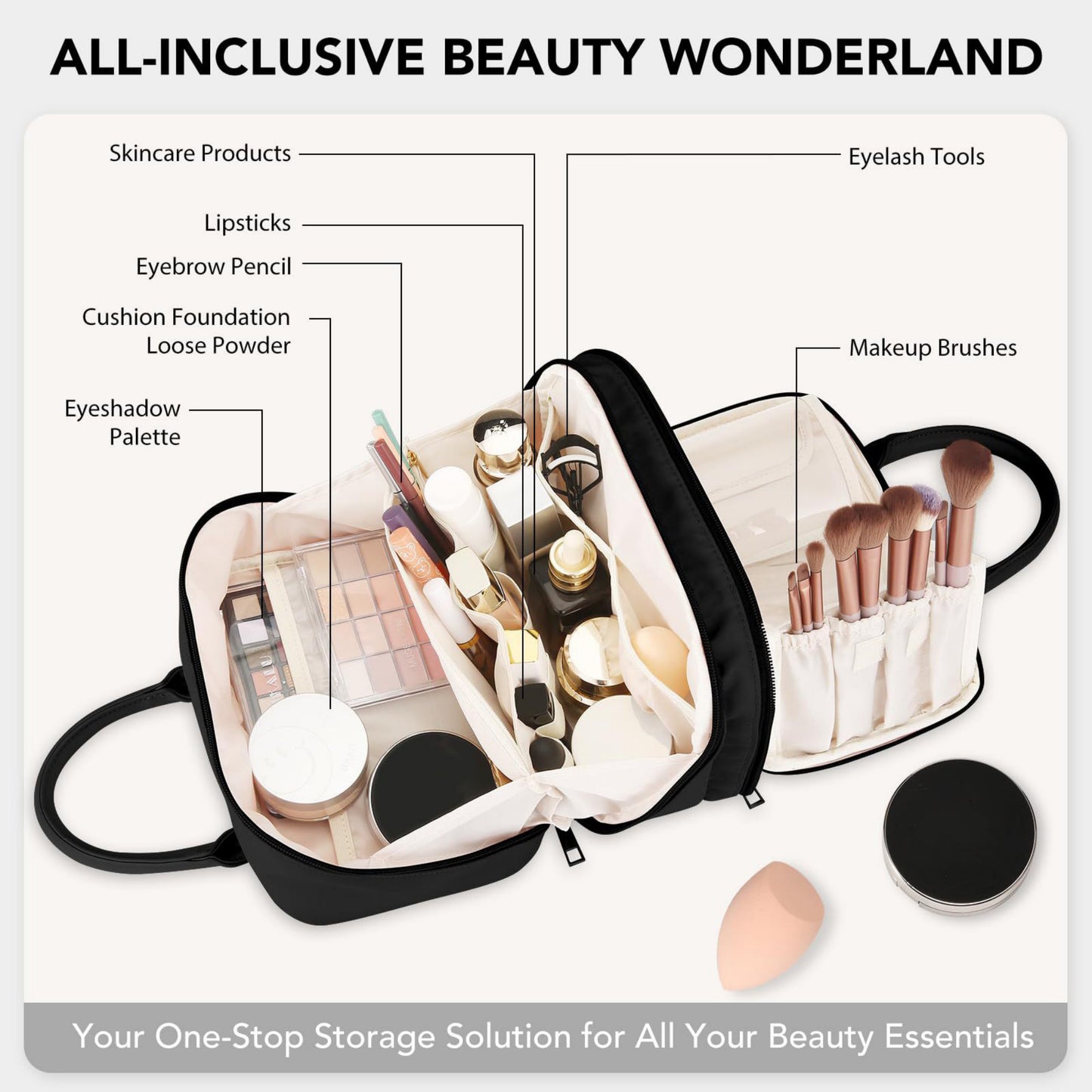 Large Capacity Makeup Organizer Bag with Dual Compartments and Brush Holders 9.8x6.3x5.5 inches