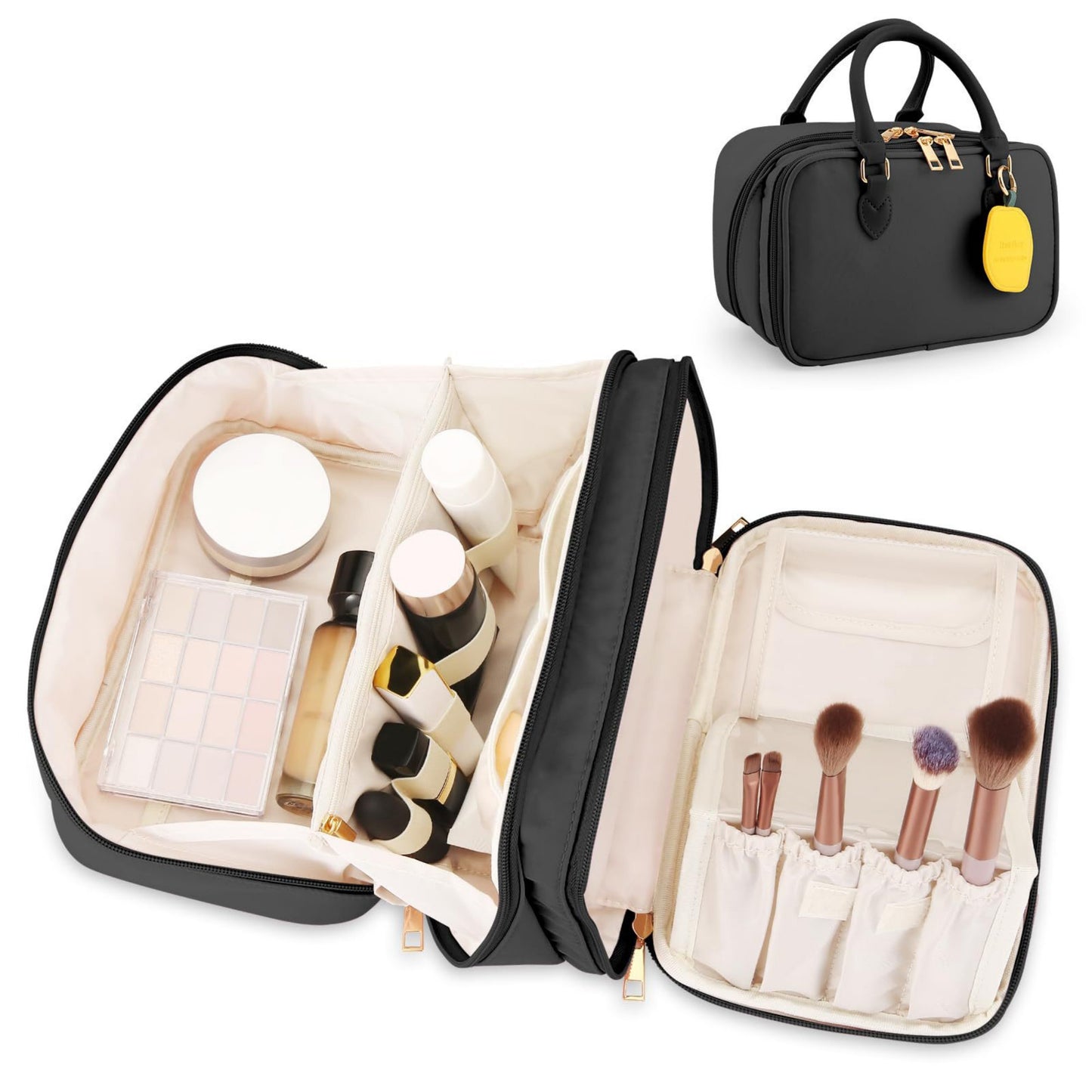 Large Capacity Makeup Organizer Bag with Dual Compartments and Brush Holders 9.8x6.3x5.5 inches