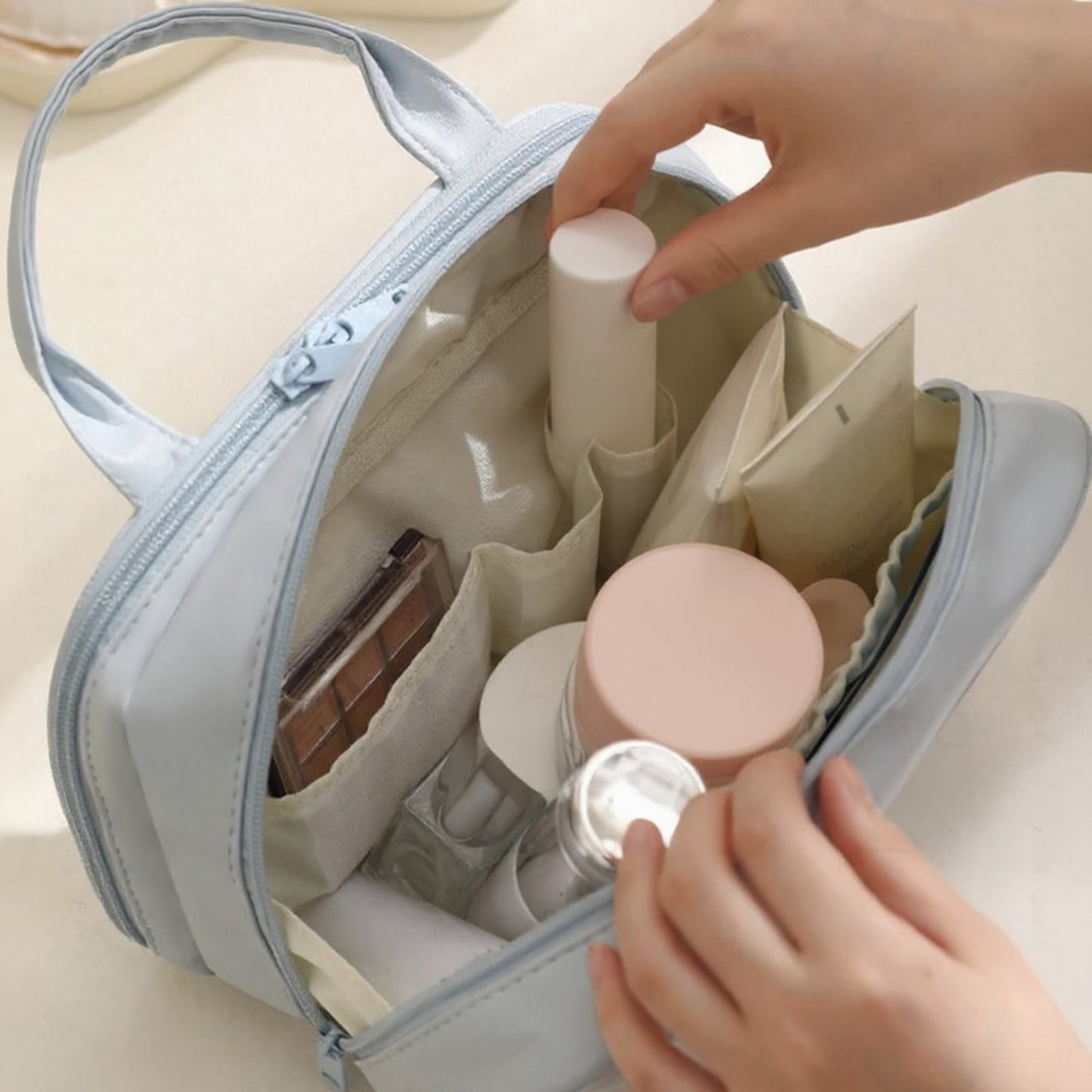 Travel Makeup and Toiletry Bag with Dual Compartments and Carry Handle