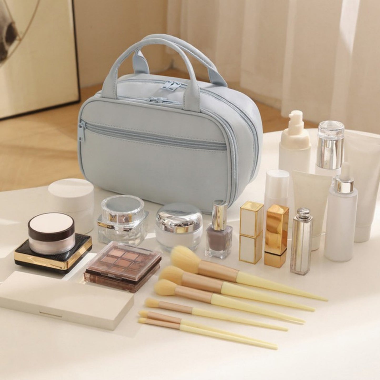 Travel Makeup and Toiletry Bag with Dual Compartments and Carry Handle