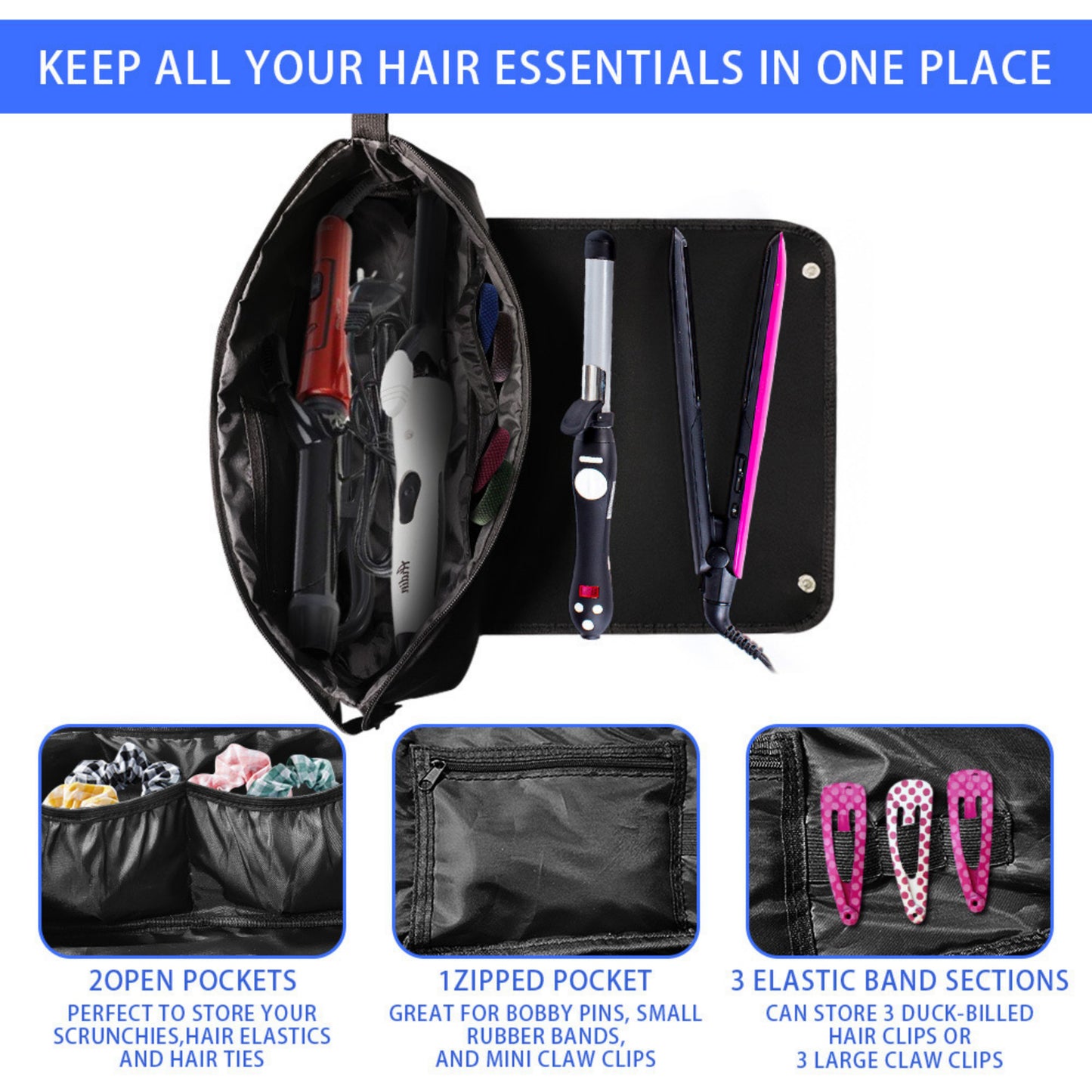 Hair Tool Organizer Bag with Heat-Resistant Mat and Multi-Pocket Storage Design