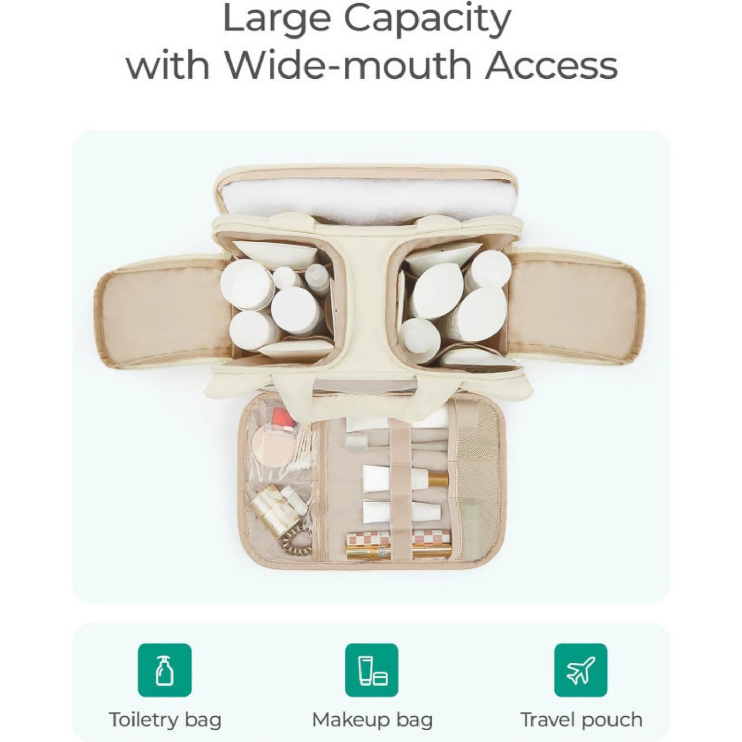Makeup Brush and Toiletry Organizer Bag with Easy-Clean PVC Front Pocket and Elastic Holders