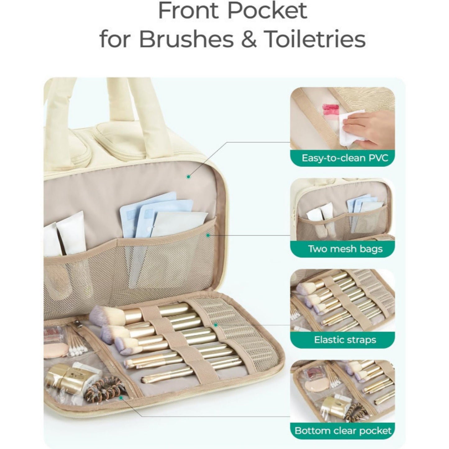 Makeup Brush and Toiletry Organizer Bag with Easy-Clean PVC Front Pocket and Elastic Holders