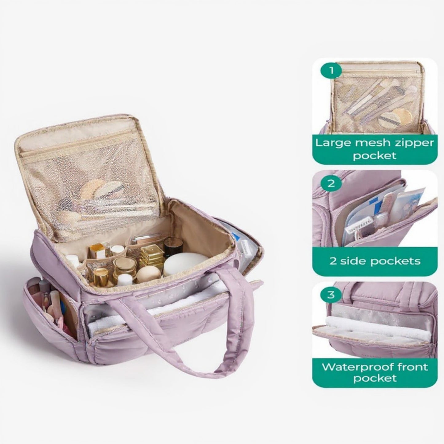 Multi-Pocket Travel Makeup and Toiletry Bag with Mesh Zipper Compartment and Waterproof Front Pocket