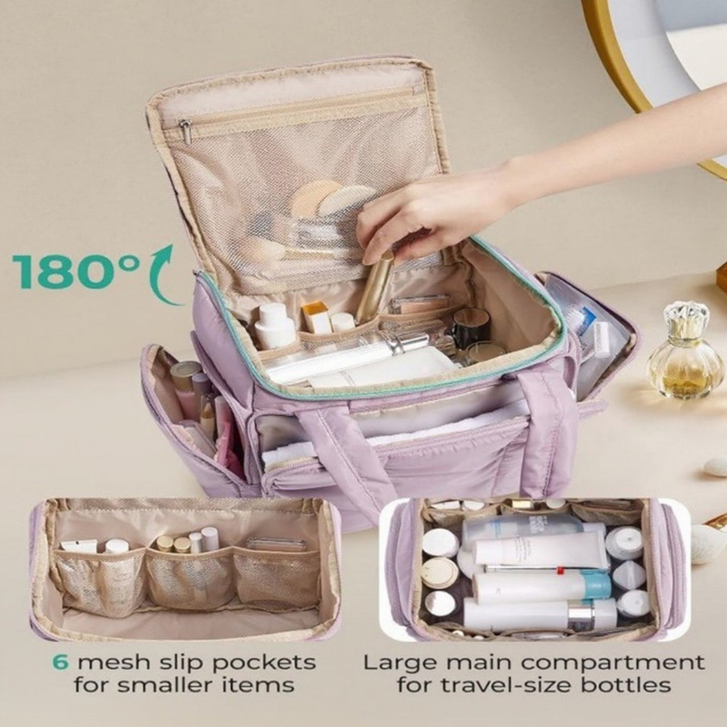 Multi-Pocket Travel Makeup and Toiletry Bag with Mesh Zipper Compartment and Waterproof Front Pocket