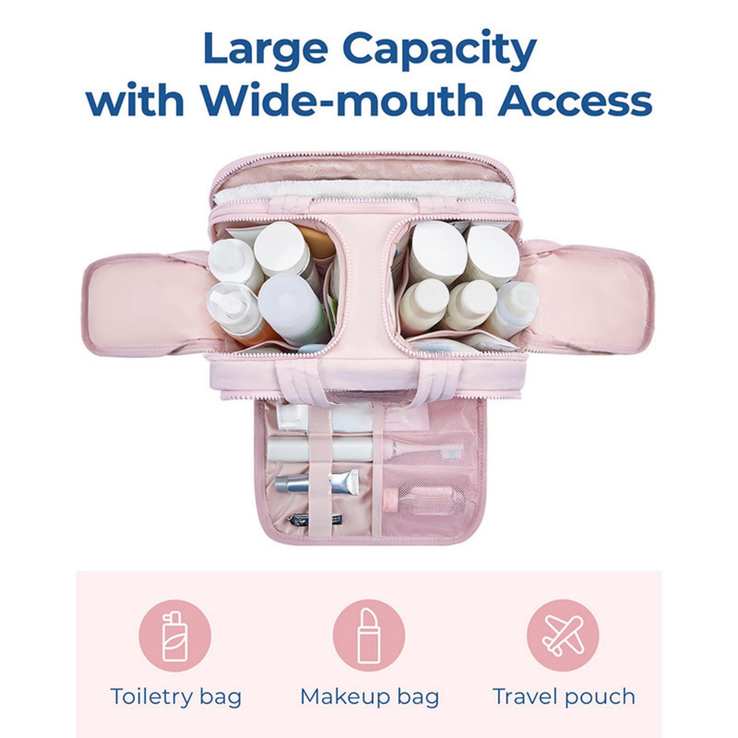 Large Capacity Toiletry and Makeup Bag with Wide-Mouth Opening and Multi-Compartment Organizer 12x8.5x5.5in