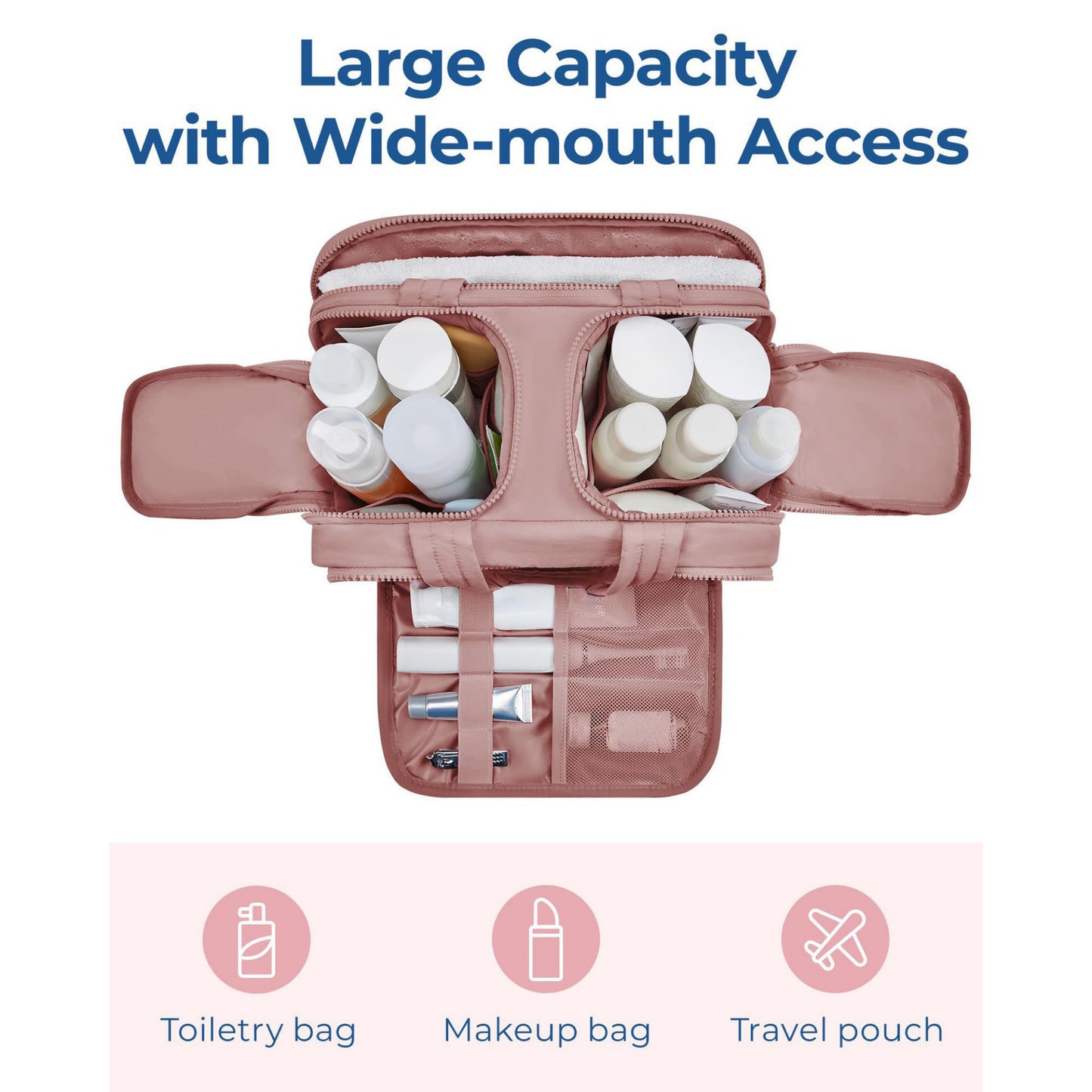 Large Capacity Makeup and Toiletry Bag with Wide-Mouth Opening and Travel Organizer Compartments 12x8.3x7.3in