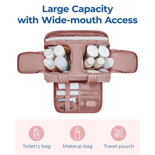 Large Capacity Makeup and Toiletry Bag with Wide-Mouth Opening and Travel Organizer Compartments 12x8.3x7.3in