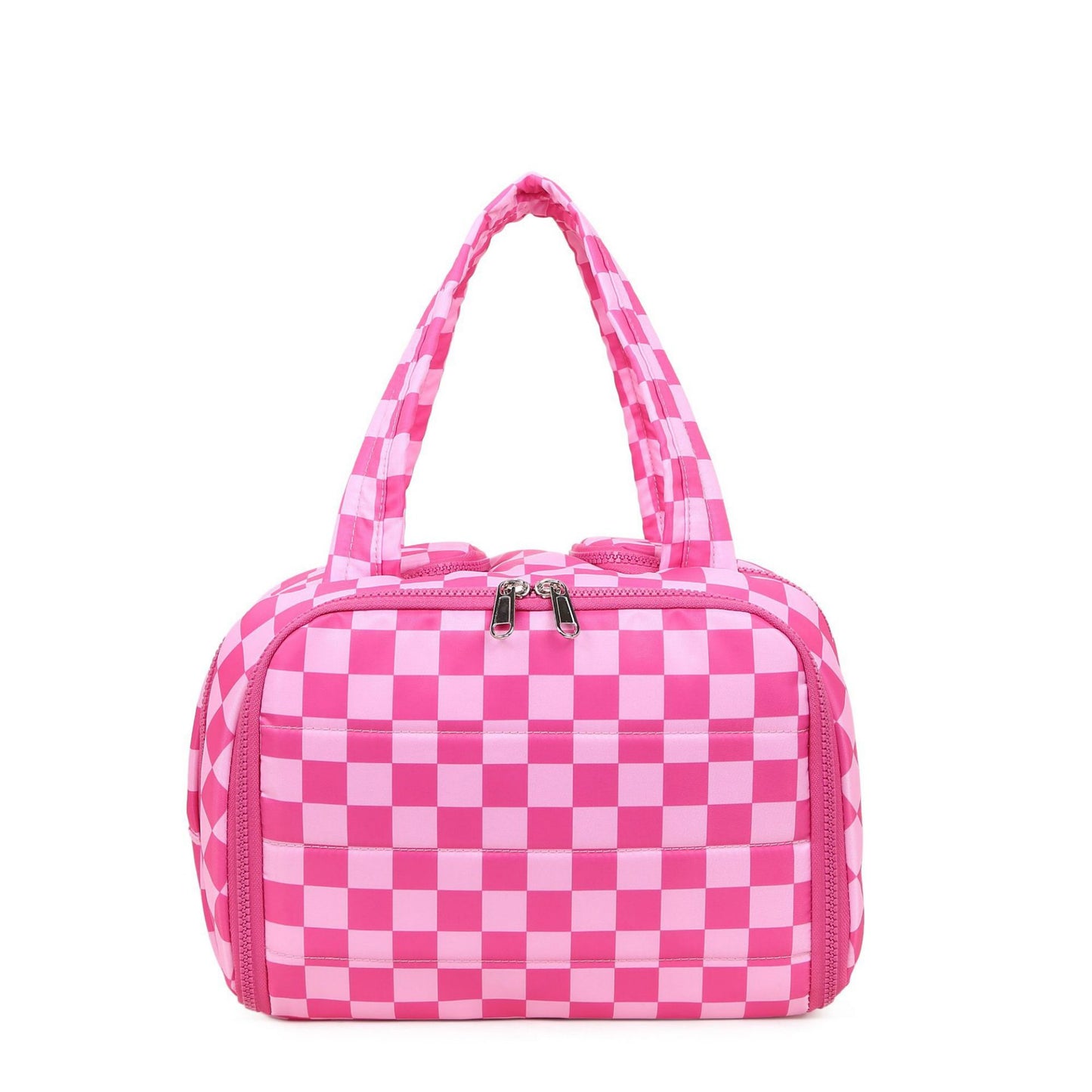 Checkered Makeup Brush Storage Bag with Zipper Compartments and Carry Handles