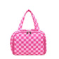 Checkered Makeup Brush Storage Bag with Zipper Compartments and Carry Handles