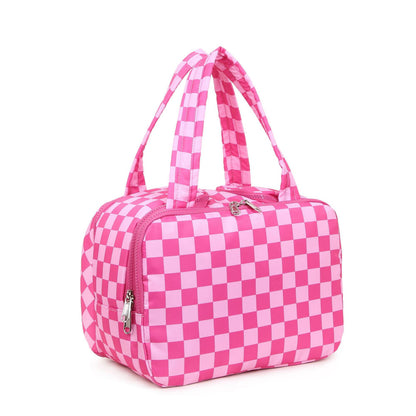 Checkered Makeup Brush Storage Bag with Zipper Compartments and Carry Handles