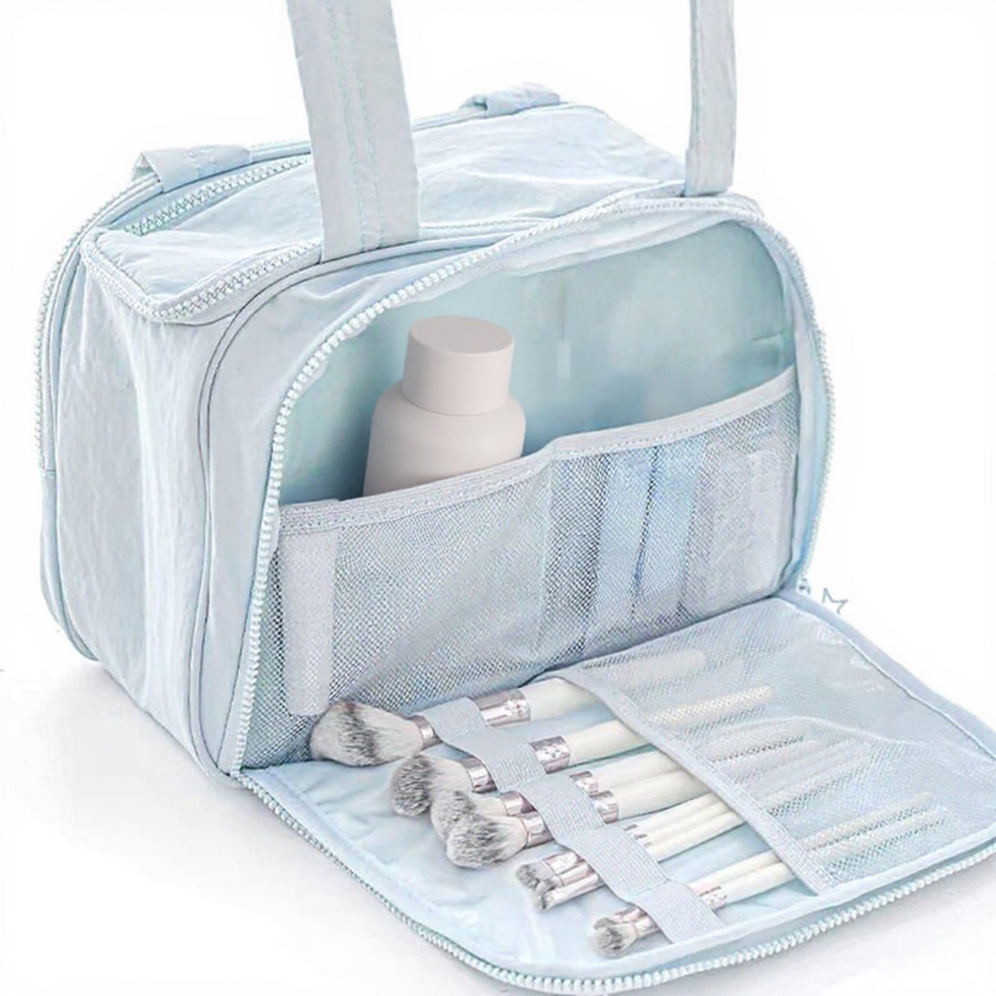 Makeup Brush Storage Bag with Zipper Compartments and Carry Handle