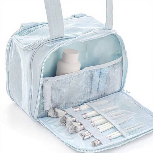 Makeup Brush Storage Bag with Zipper Compartments and Carry Handle
