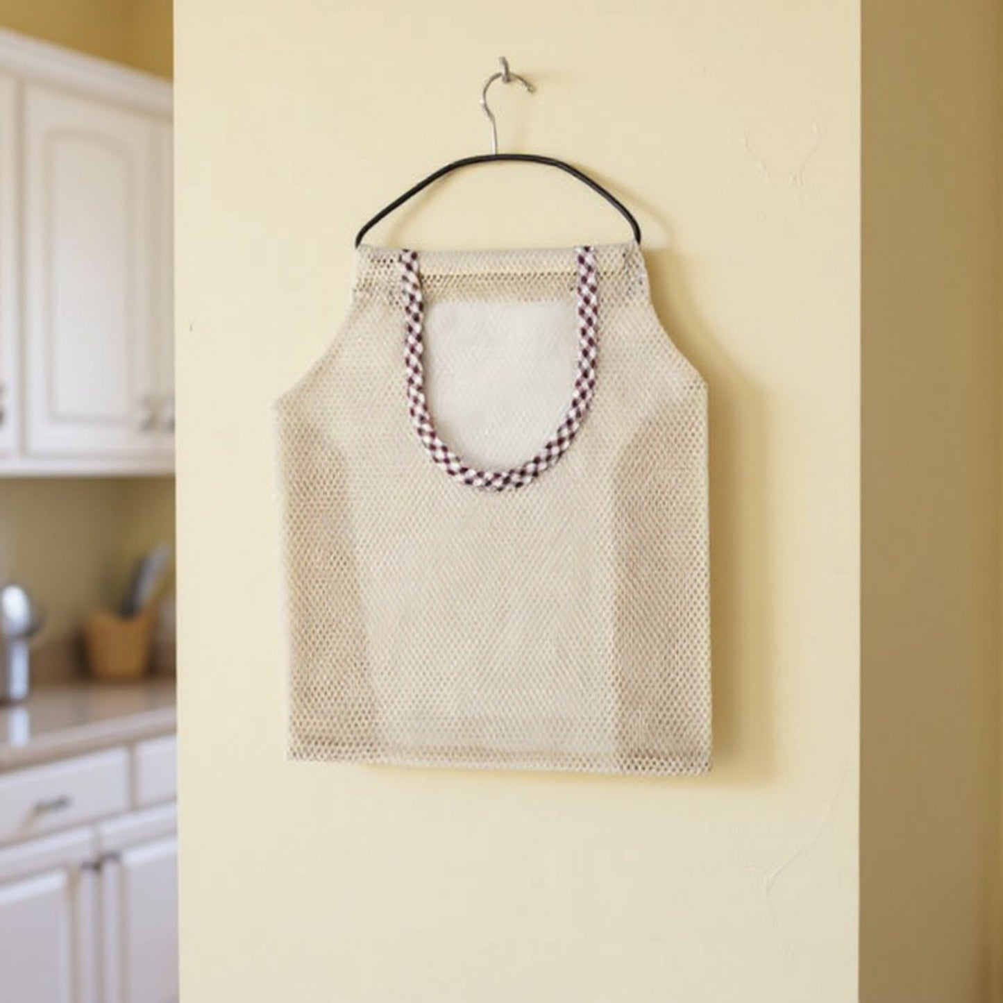 Hanging Mesh Storage Bag with Reinforced Checked Handles Breathable Lightweight Organizer