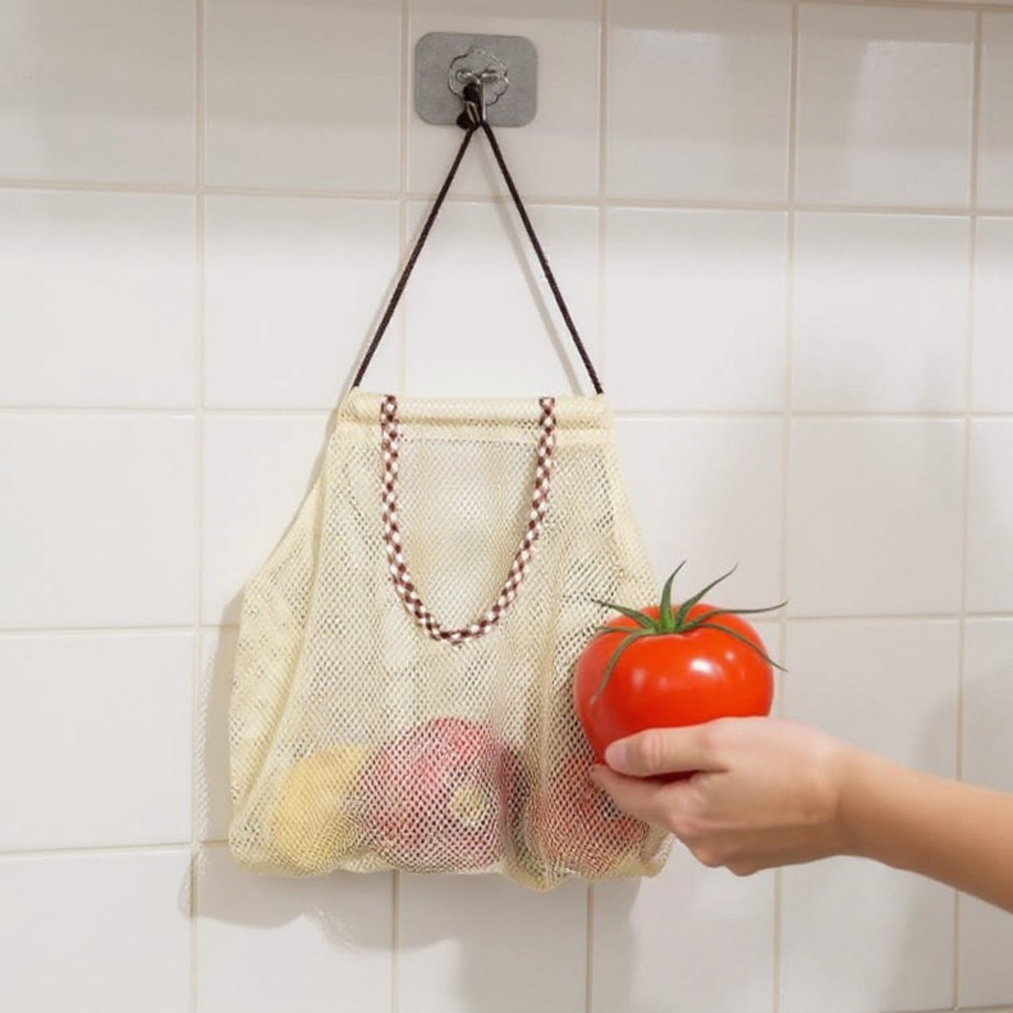 Hanging Mesh Storage Bag with Reinforced Checked Handles Breathable Lightweight Organizer