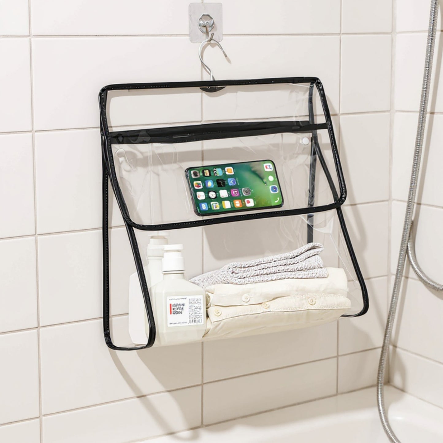 Clear Hanging Shower Organizer with Touch-Friendly Phone Pocket Water-Resistant Storage Shelf