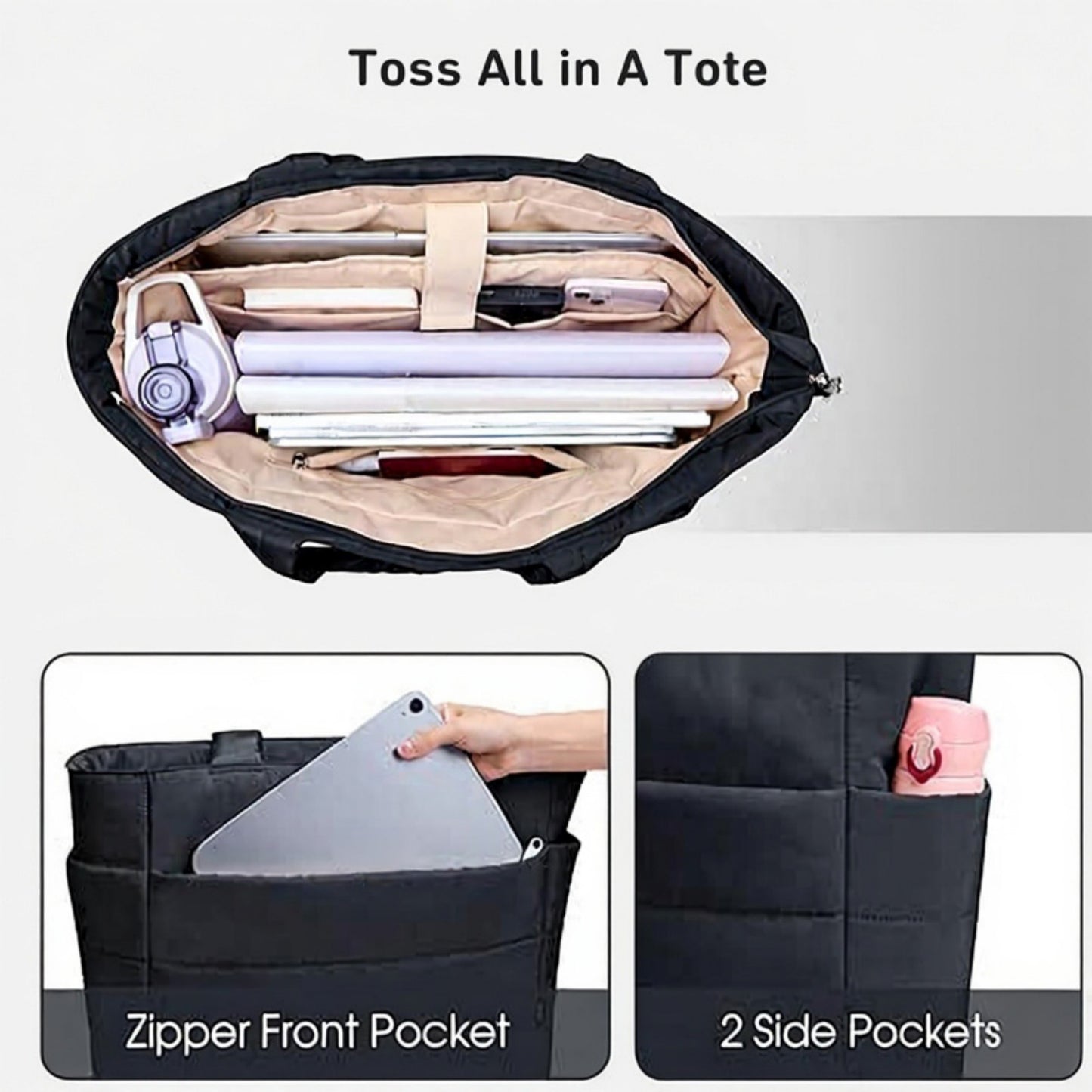 Quilted Puffer Tote Bag with Structured Padded Panels Luggage Strap Water-Resistant Build