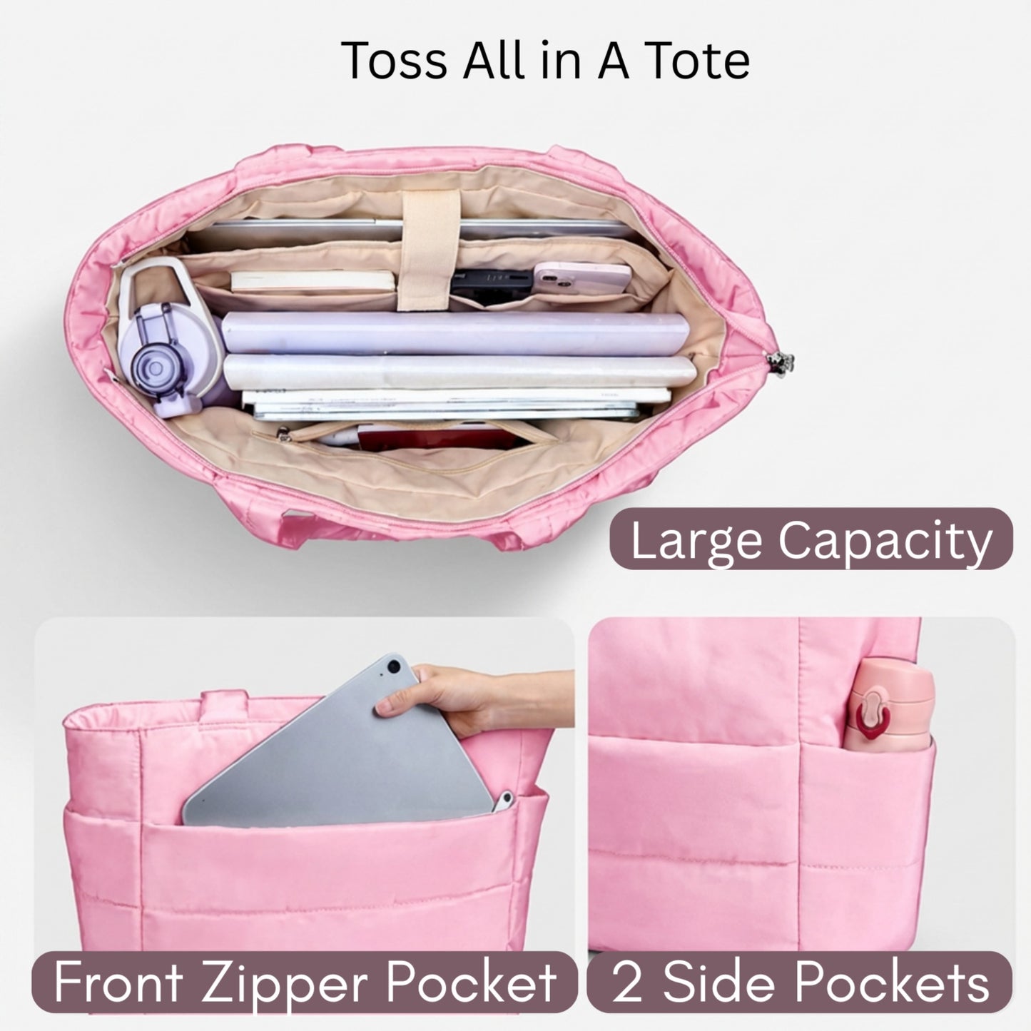 Quilted Puffer Tote Bag with Luggage Strap Water-Resistant Padded Panels and Smooth Zipper