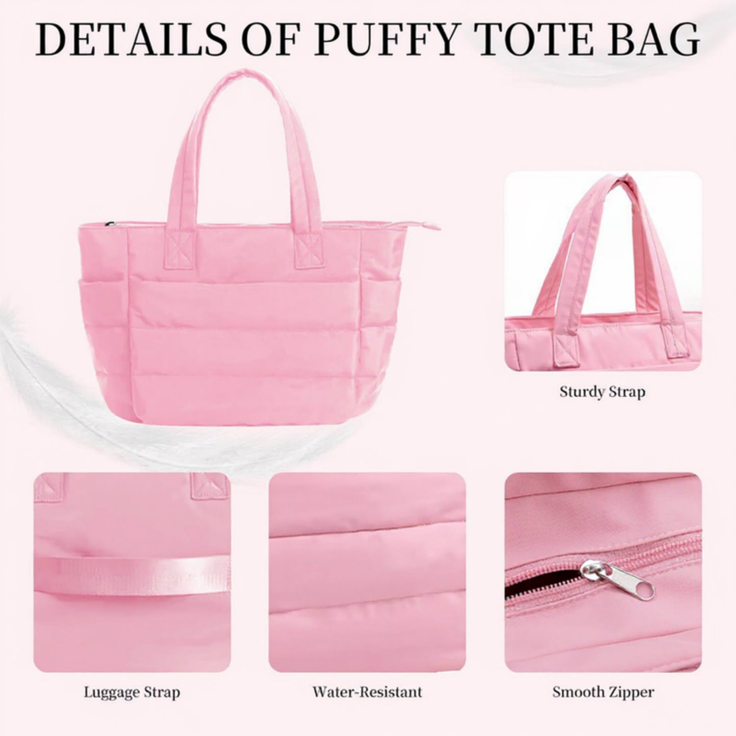 Quilted Puffer Tote Bag with Luggage Strap Water-Resistant Padded Panels and Smooth Zipper