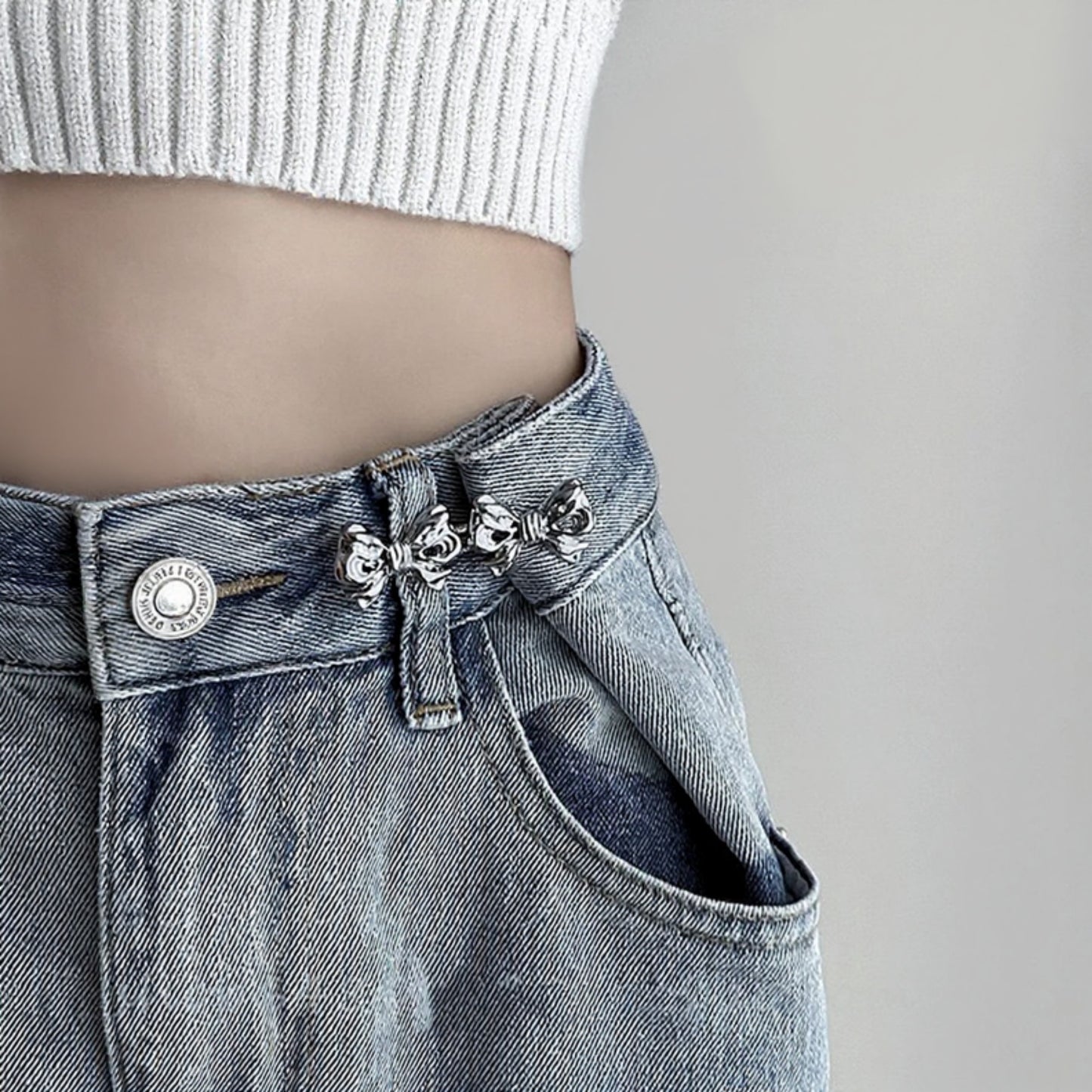 3-Piece Bow-Shaped Jean Waist Extender Set with Decorative Metal Buckle Clips for Stylish Adjustable Fit and Added Waistroom 0.8in