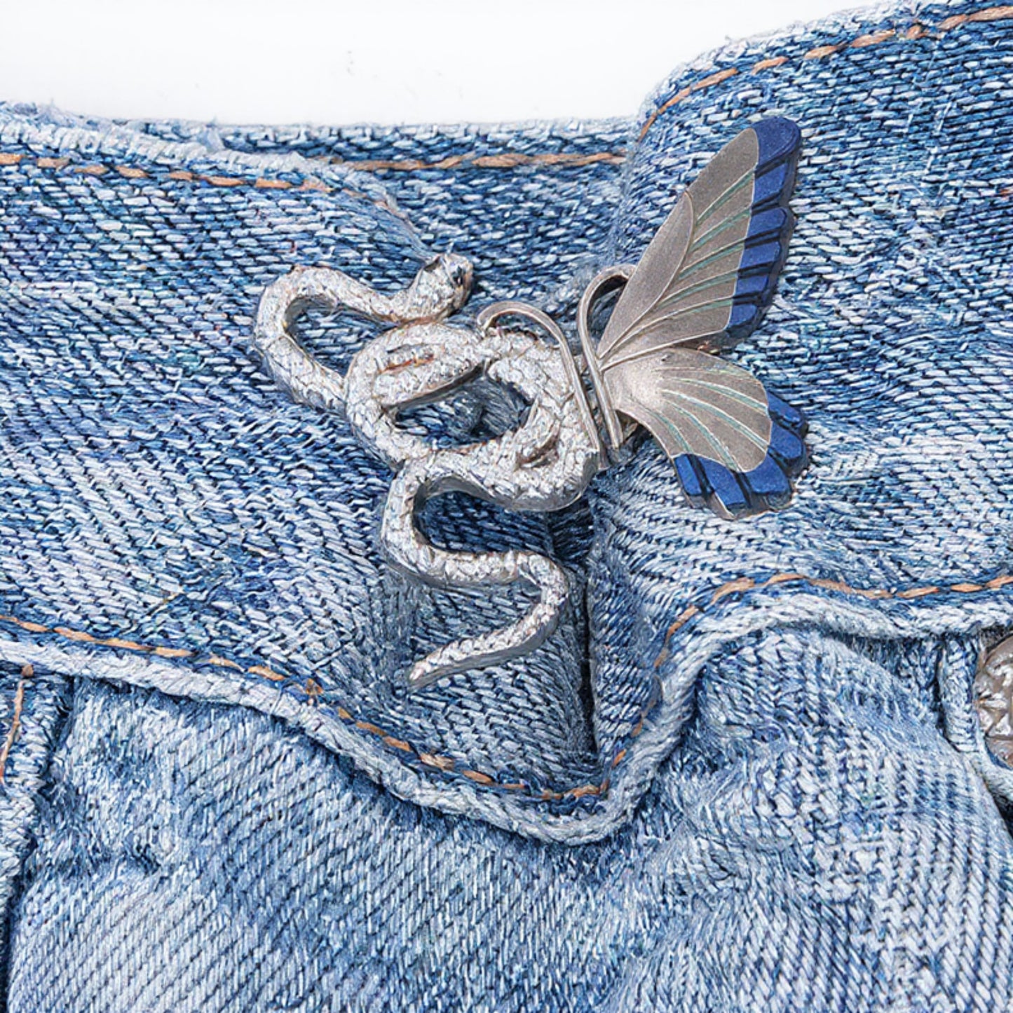 3-Piece Snake and Butterfly Jean Buckle Extender Set with Detailed Metal Designs for Adjustable Fit and Added Waistroom 1.4x1.2in