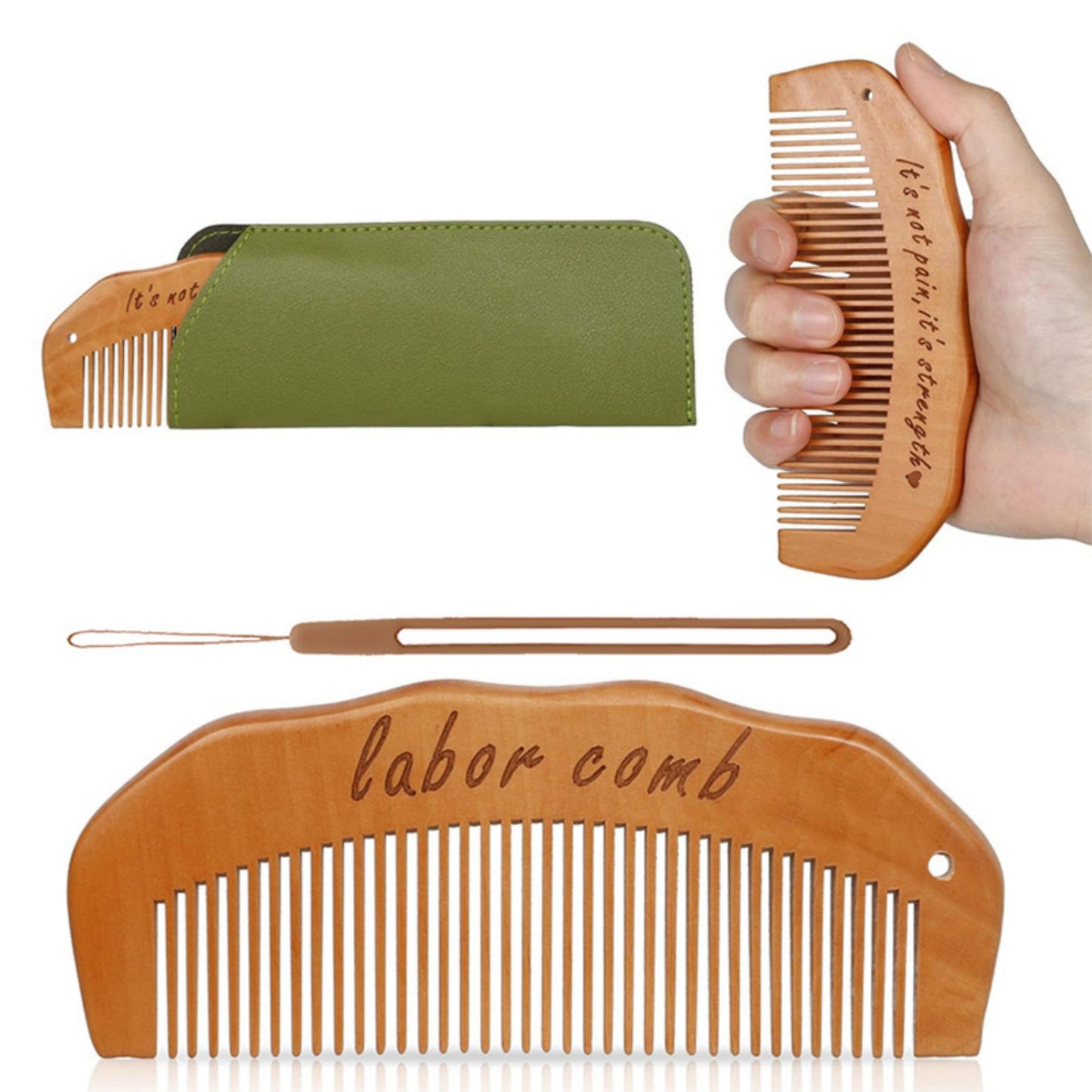 Wooden Labor Comb Set with Smooth Wide-Fine Teeth, Engraved Comfort Grip Design, Storage Case, and Hair Loop Styling Tool