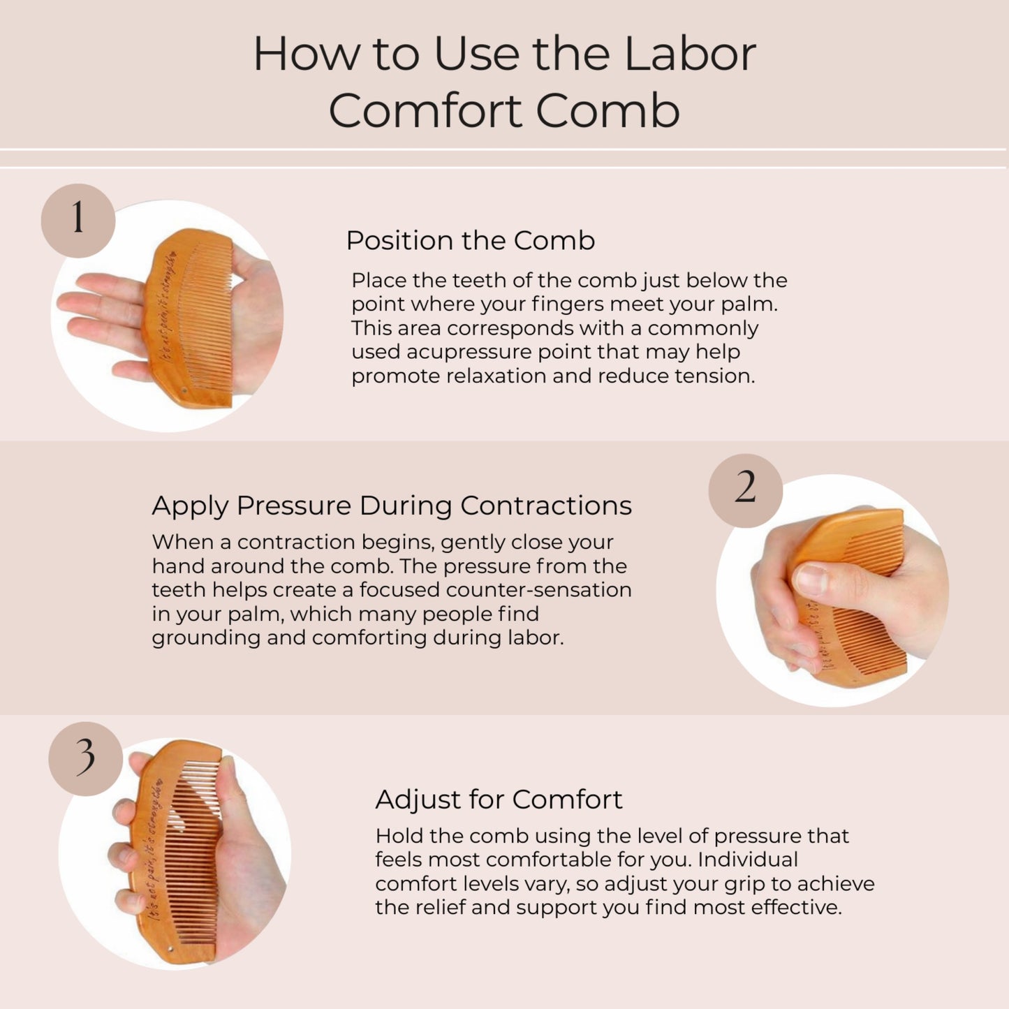 Wooden Labor Comb Set with Smooth Wide-Fine Teeth, Engraved Comfort Grip Design, Storage Case, and Hair Loop Styling Tool