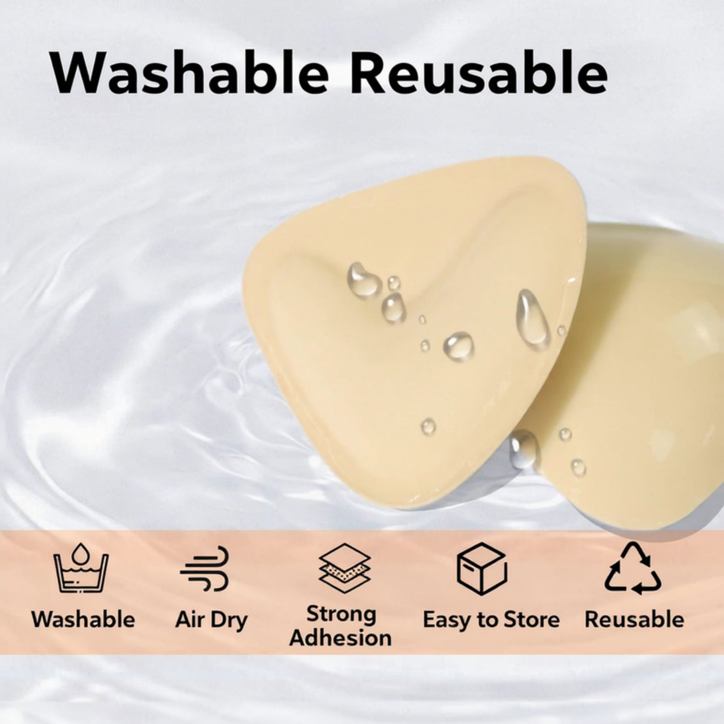 Washable Reusable Adhesive Bra Pads with Soft Flexible Shape and Strong Grip Design for Invisible Support 4.5x4.3in