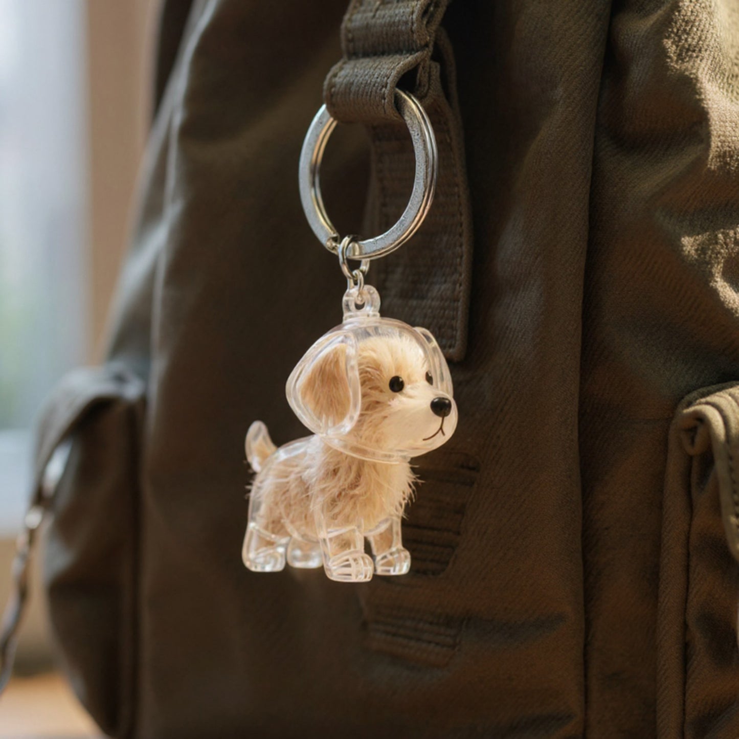 Transparent Dog Storage Capsule Keychain with Mini Dog Charm and Keepsake Hair Holder 4in