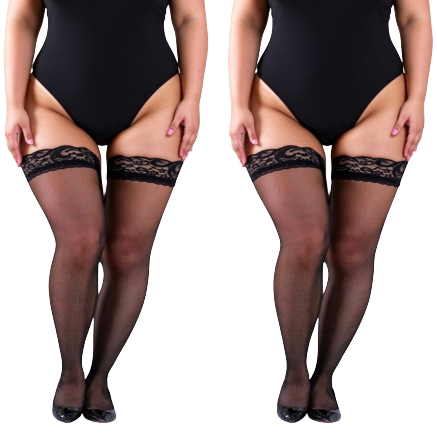 2pcs Women's Lace Top Thigh High Stockings Sheer Smooth Finish Stretch Hold-Up Design and Delicate Floral Trim Detail