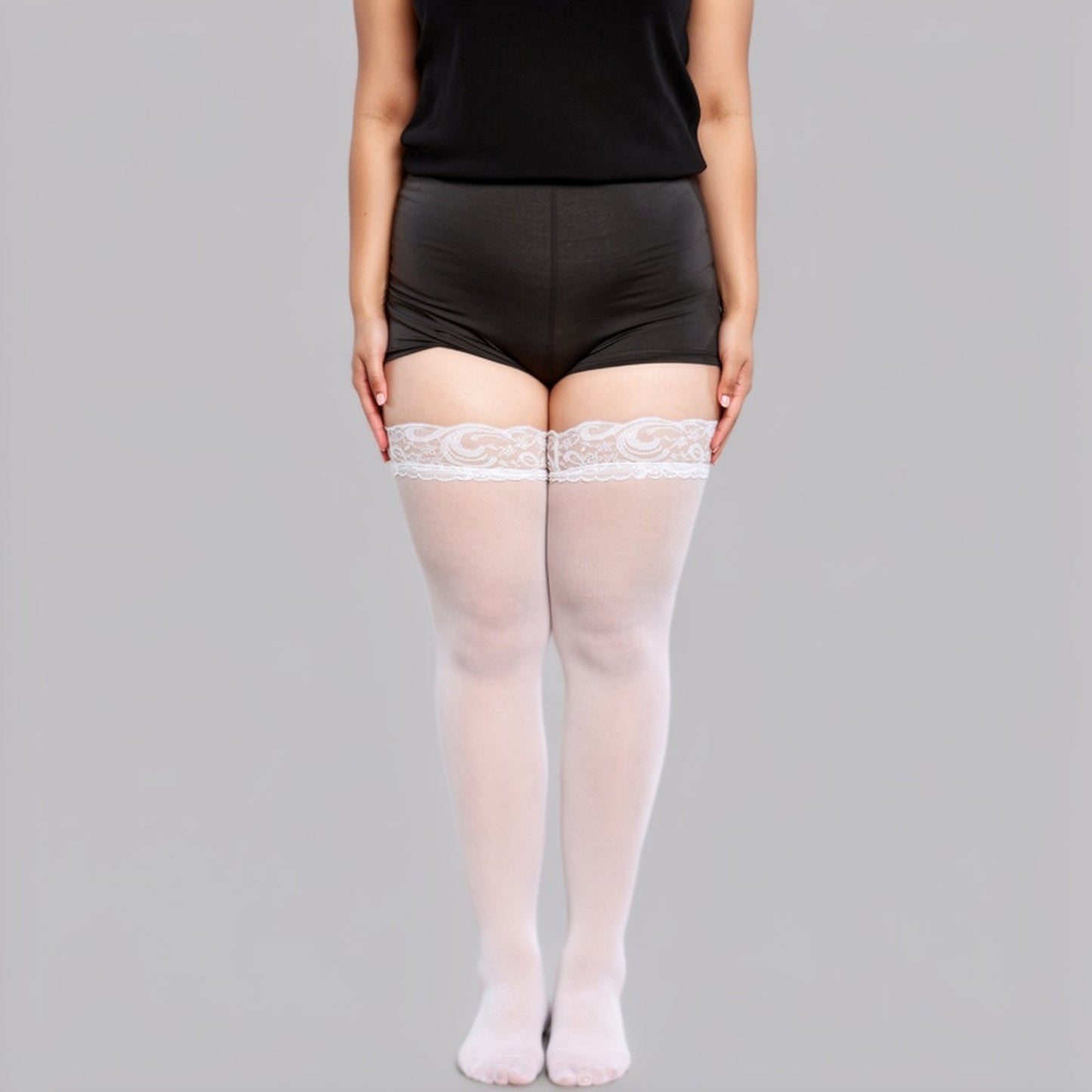 Plus Size Lace Top Thigh High Stockings with Sheer Smooth Finish Soft Stretch Hold-Up Design and Delicate Floral Trim Detail