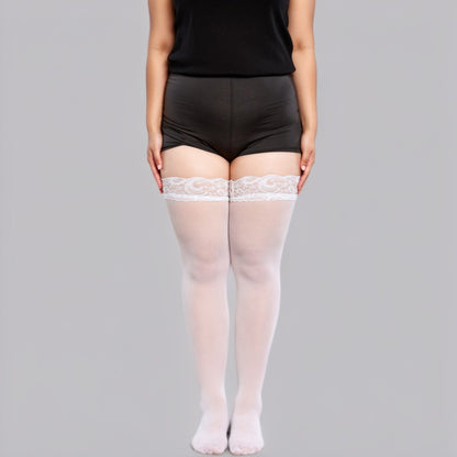 Plus Size Lace Top Thigh High Stockings with Sheer Smooth Finish Soft Stretch Hold-Up Design and Delicate Floral Trim Detail