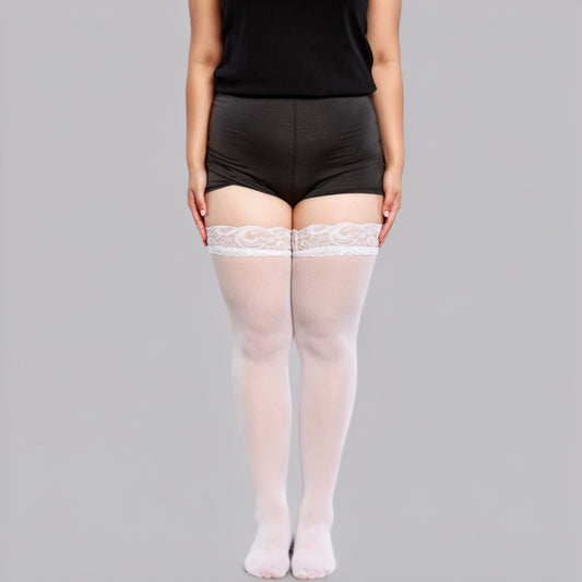 Plus Size Lace Top Thigh High Stockings with Sheer Smooth Finish Soft Stretch Hold-Up Design and Delicate Floral Trim Detail