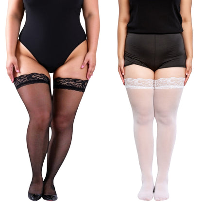 2pcs Women's Lace Top Thigh High Stockings Sheer Smooth Finish Stretch Hold-Up Design and Delicate Floral Trim Detail