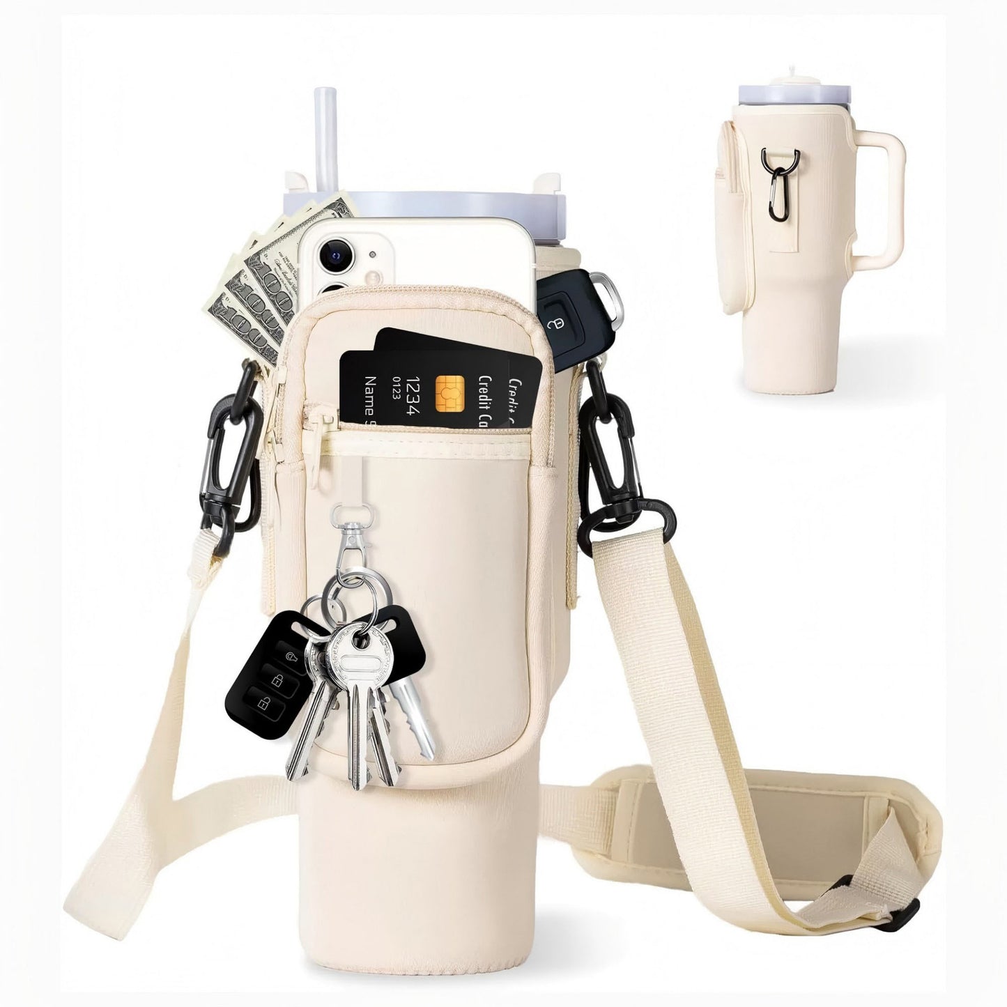 Multifunctional Drink Holder Bag with Key, Card, and Phone Storage, Adjustable Strap for Hands-Free Convenience